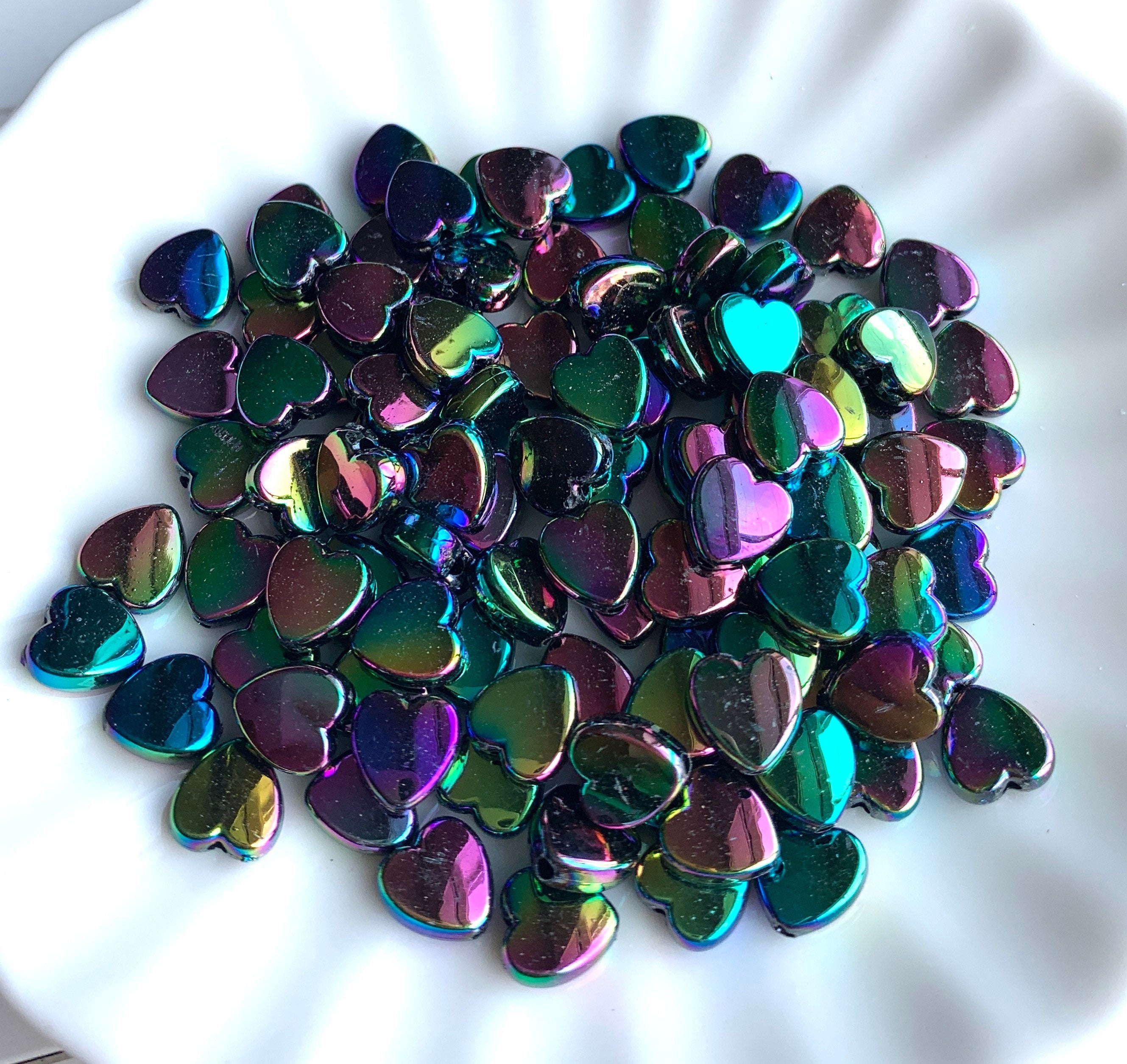 Black Iridescent Heart Beads, Acrylic Beads, 100pc set
