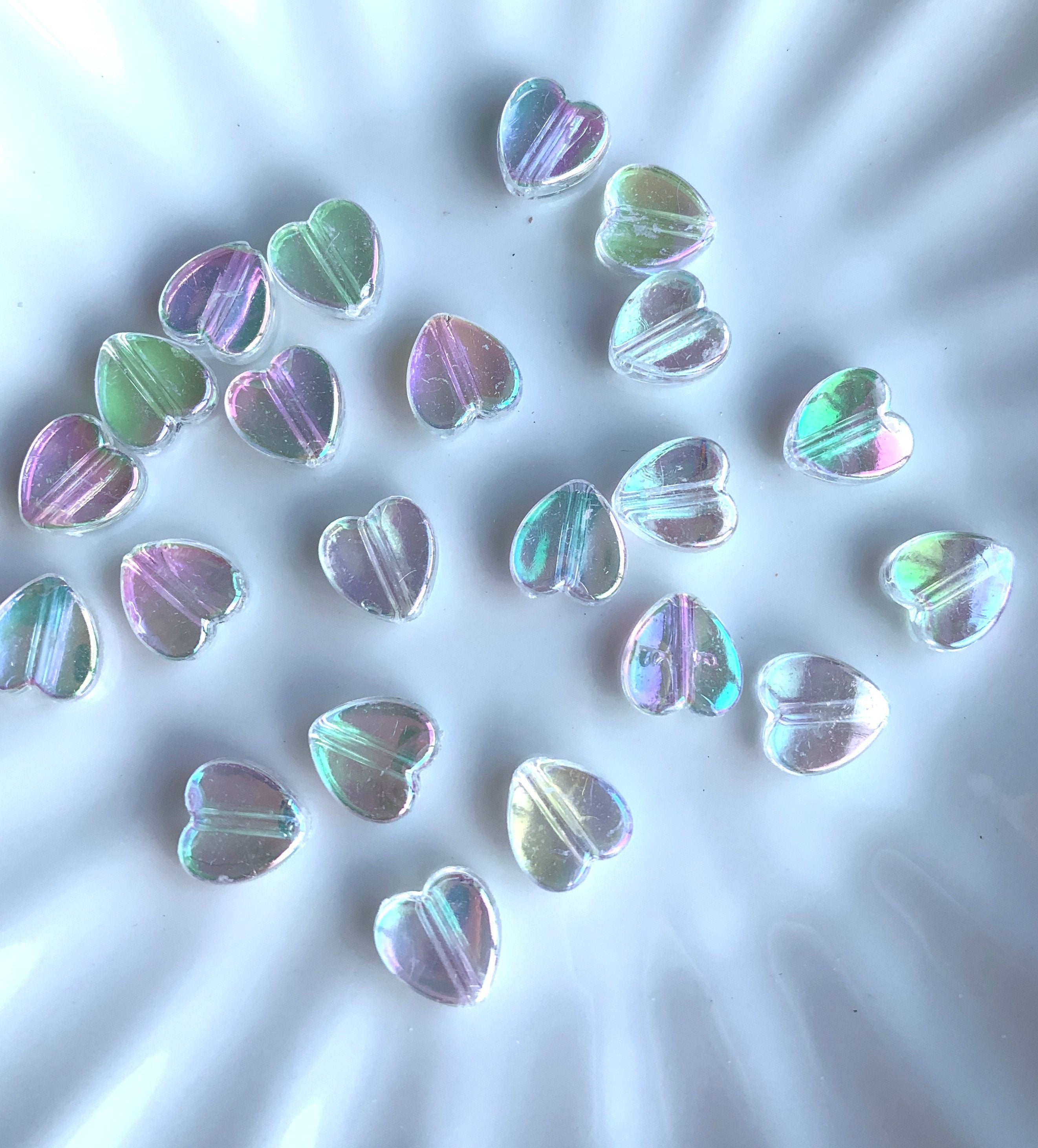 White Iridescent Heart Beads, Acrylic Beads, 100pc set