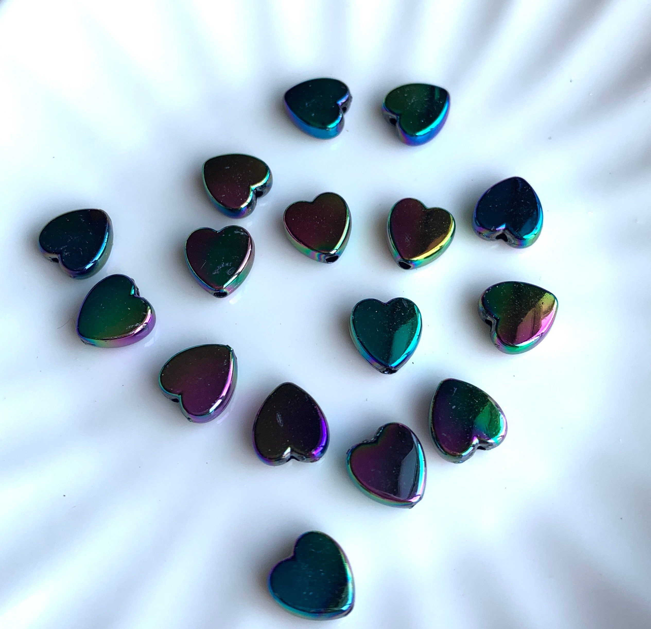 Black Iridescent Heart Beads, Acrylic Beads, 100pc set