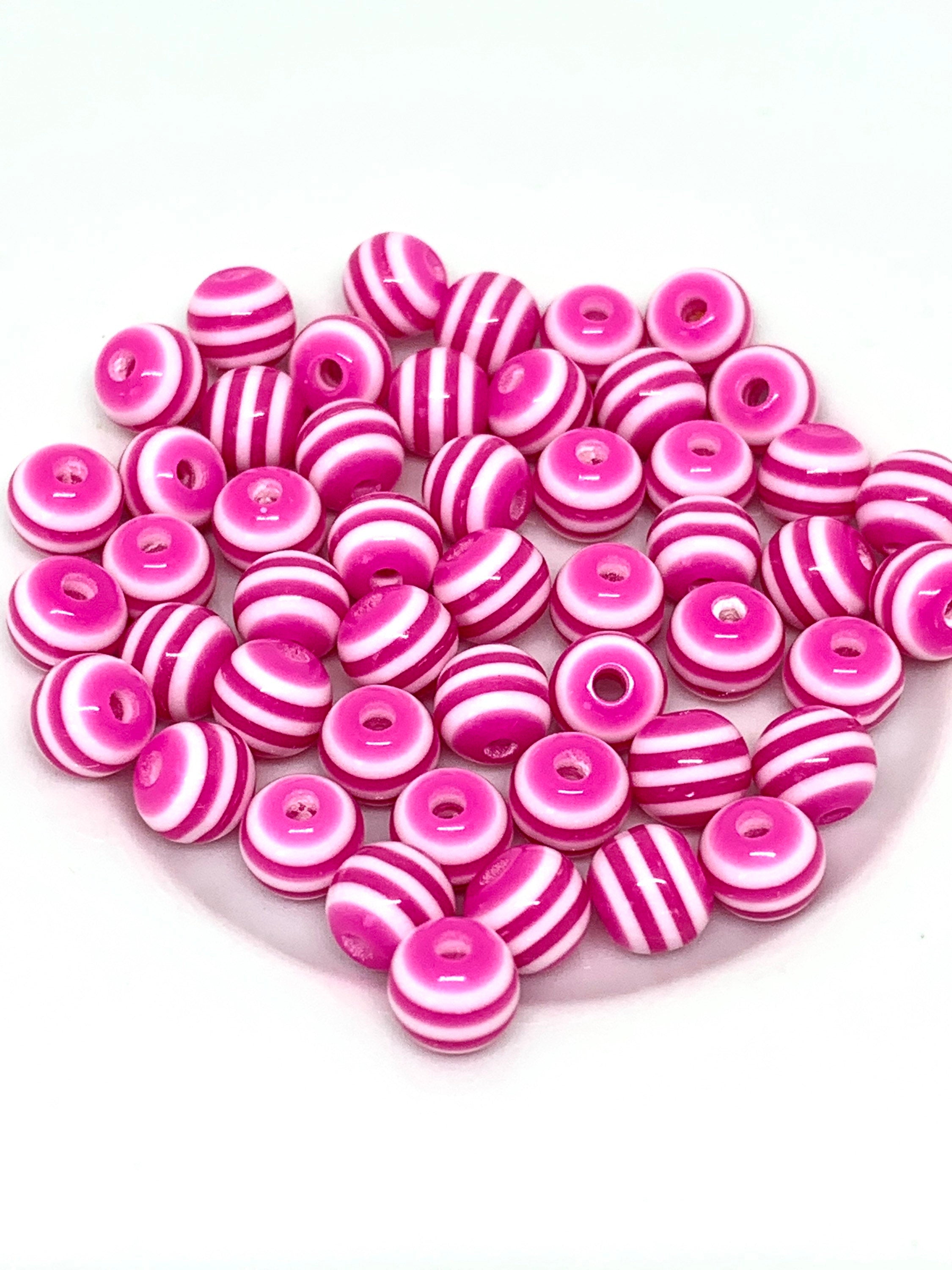 Magenta Pink Striped Beads, Round Beads, Mask Beads, DIY Jewelry, 50 pc set
