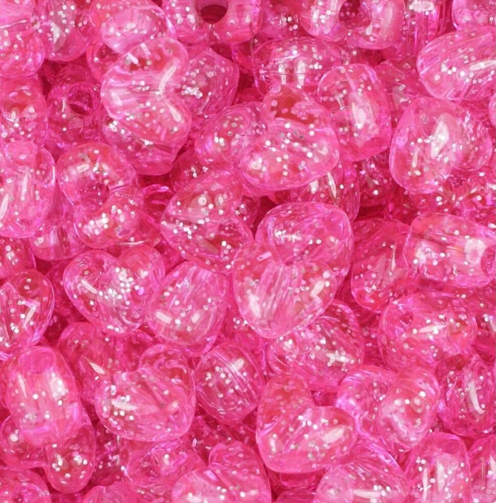 Pink Glitter Heart Pony Beads, Kandi Beads, Heart beads, Spacer Beads, Cute Beads, Pink Beads