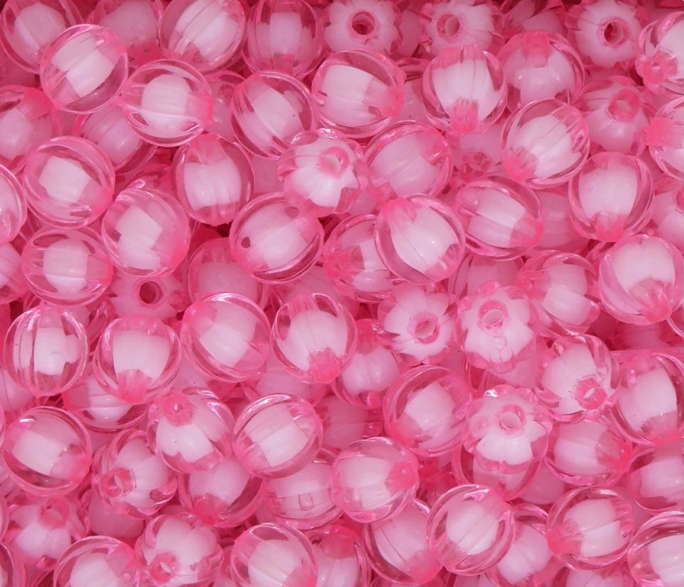 Pretty Pink Melon Beads, Pink Beads 11mm, Fluted Beads, Translucent Beads, Clear Beads, Kawaii Beads for Choker, Beads for Necklace