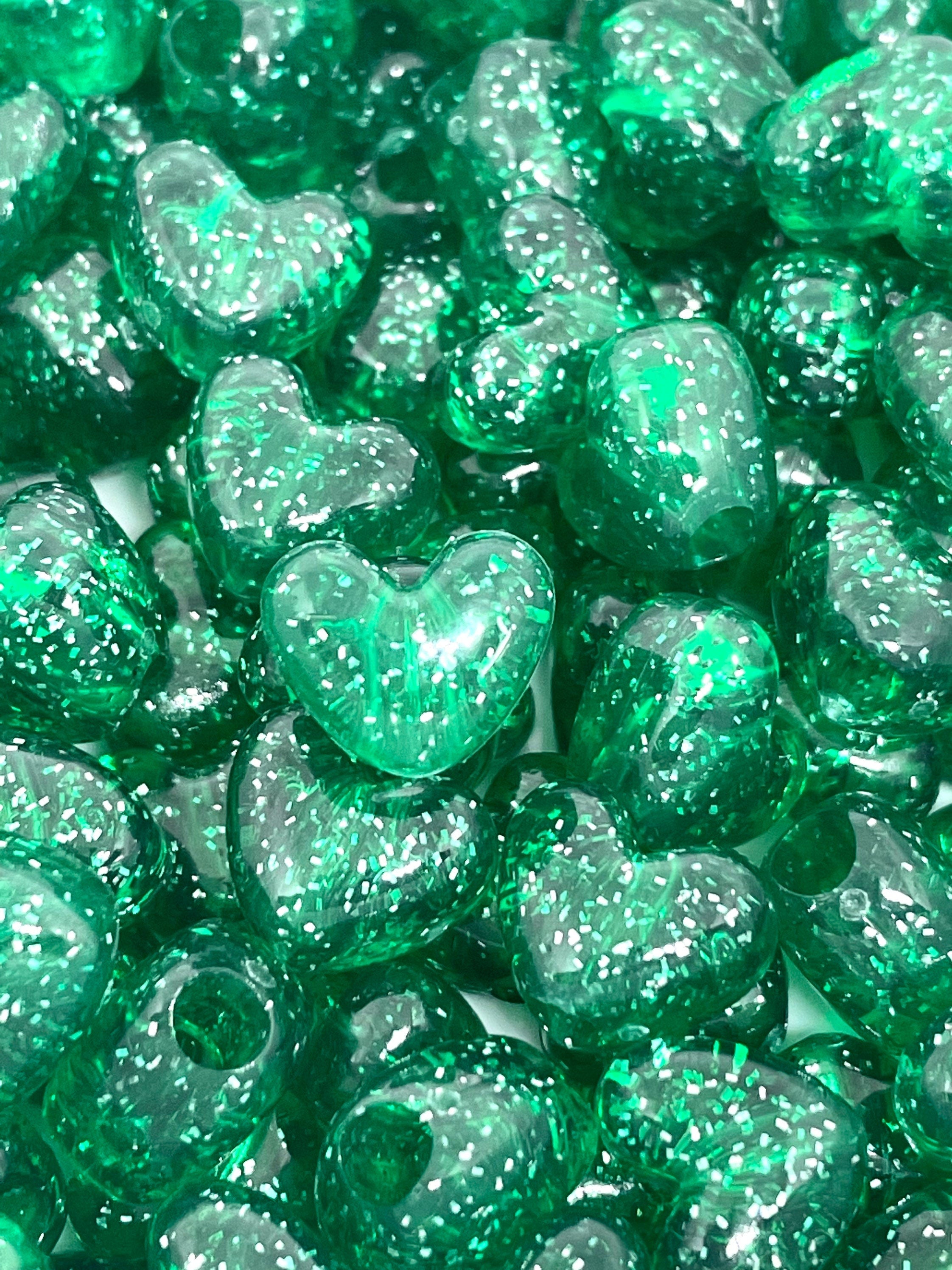 Green Heart Beads, Green Glitter Beads for Christmas, Green Beads for Xmas, Holiday Beads, Christmas Themed Beads for Garland, Holiday Craft