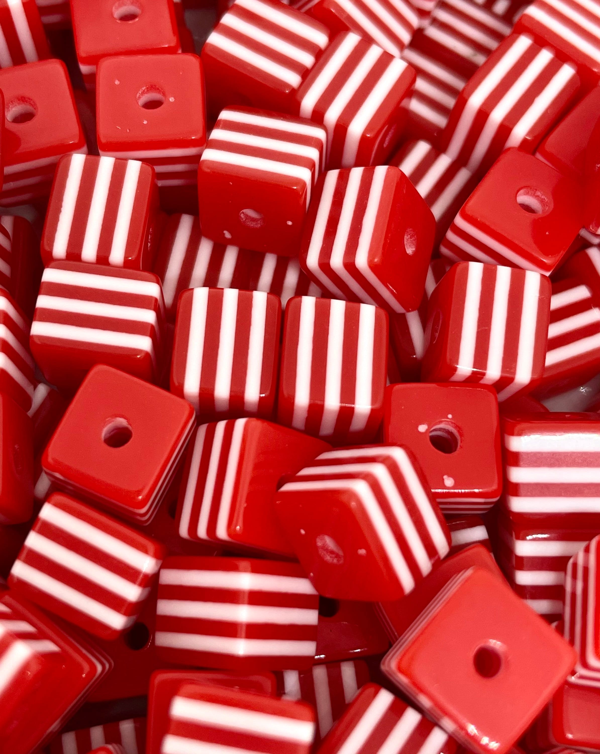 Red and White Striped Cube Beads, Candy Cane Beads, Xmas Beads, Christmas Beads for Jewelry Making, Red and White Beads