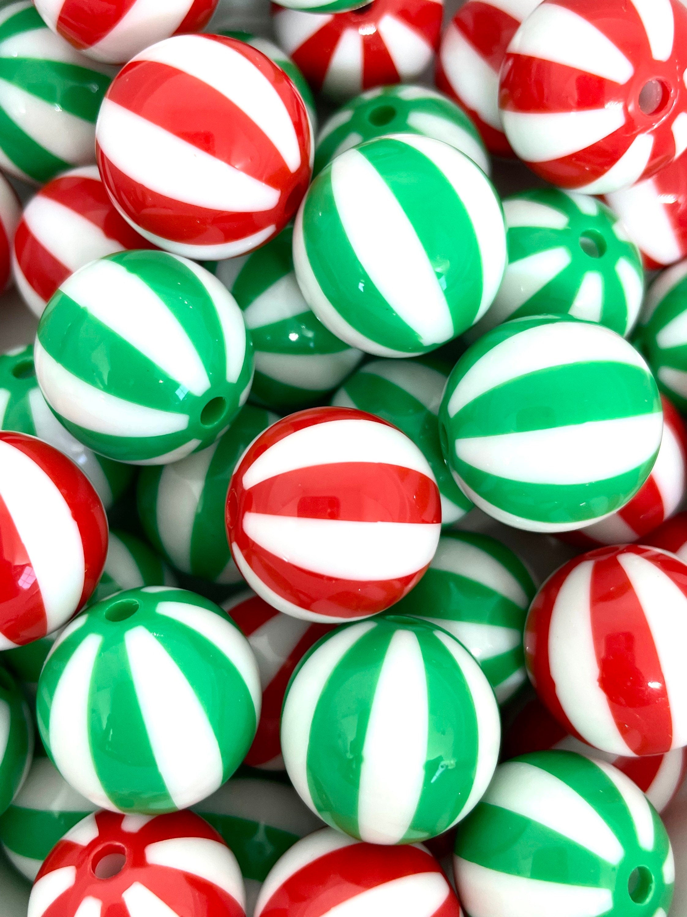 Chunky Christmas Beads for Necklace, Peppermint Beads, 20mm Bead Mix for Christmas, Chunky Christmas Beads for the Holidays, Striped Beads