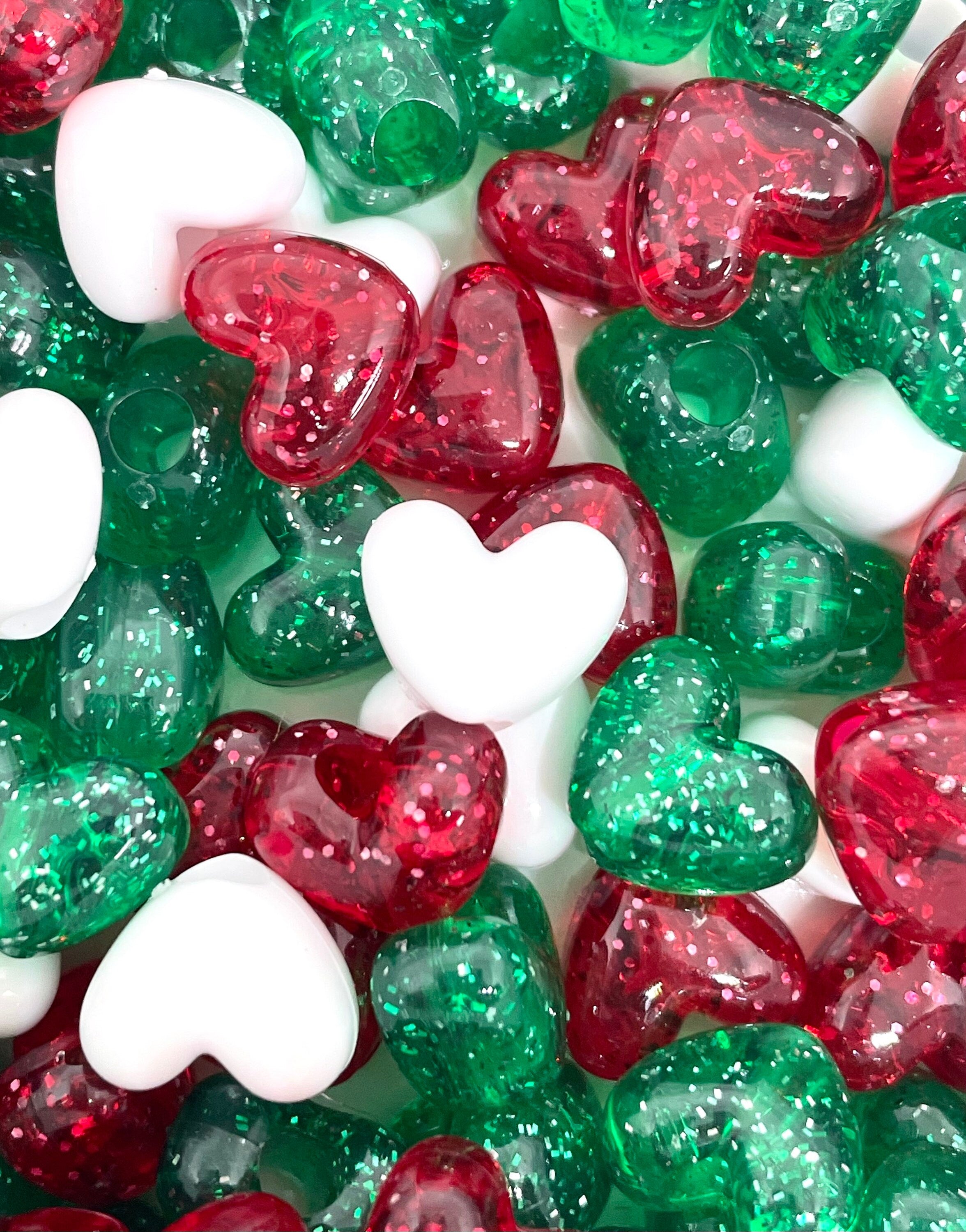 Cute Christmas Beads for the Holiday, Heart Bead Mix for Christmas, Holiday Beads for Garland, Xmas Beads for Jewelry, Glitter Heart Beads