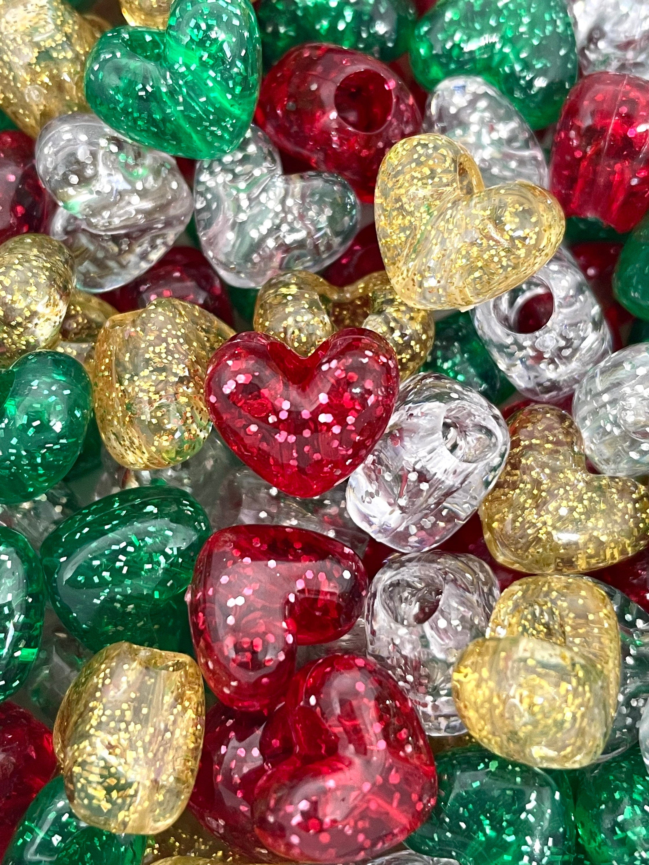 Christmas Beads Heart Mix, Glitter Heart Beads, Christmas Bead Assortment for Jewelry Making, Bead Variety, Sparkle Mix for the Holidays