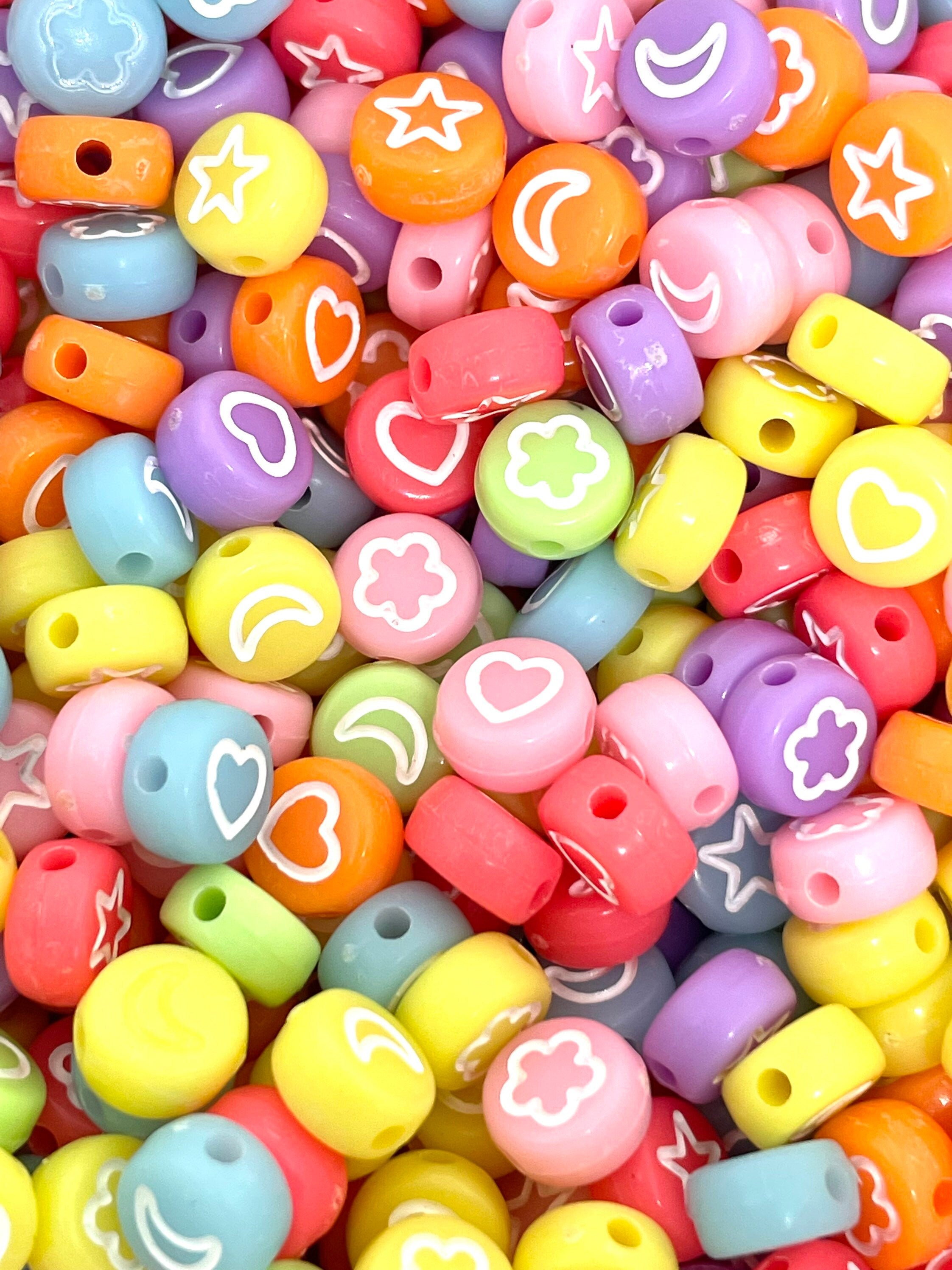 Bright Colorful Bead Mix of Hearts, Stars, Moon, and Flowers, Coin Bead Mix, Acrylic Bead Mix for Jewelry Making, Bracelet Beads