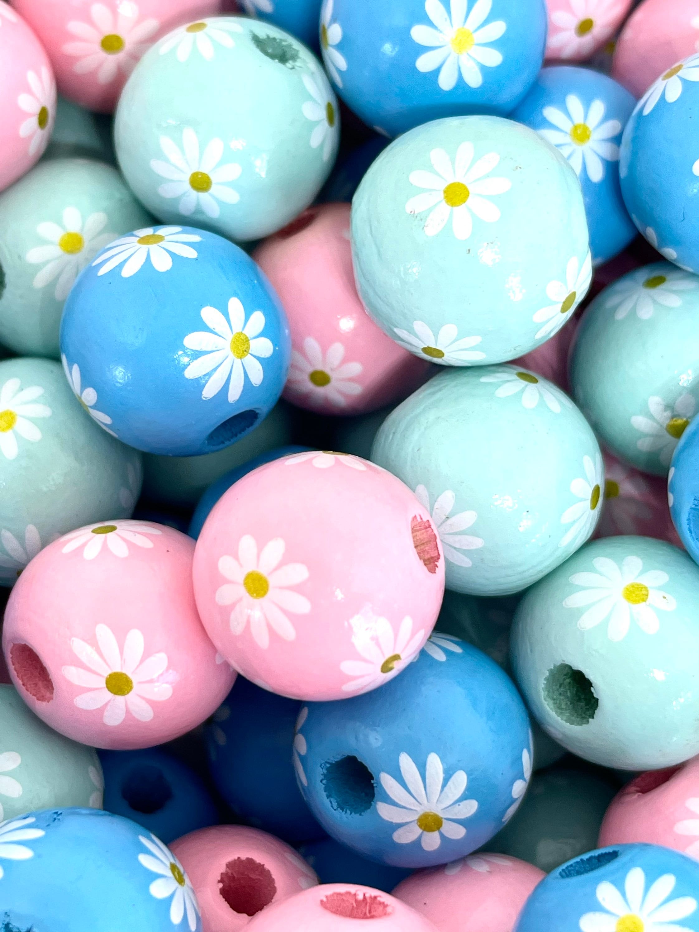 Pastel Daisy Flower Bead Mix, Hand Painted Wood Beads for Garland, Boho Beads, Farmhouse Beads, Wooden Necklace, Wooden Beads, Daisy Beads