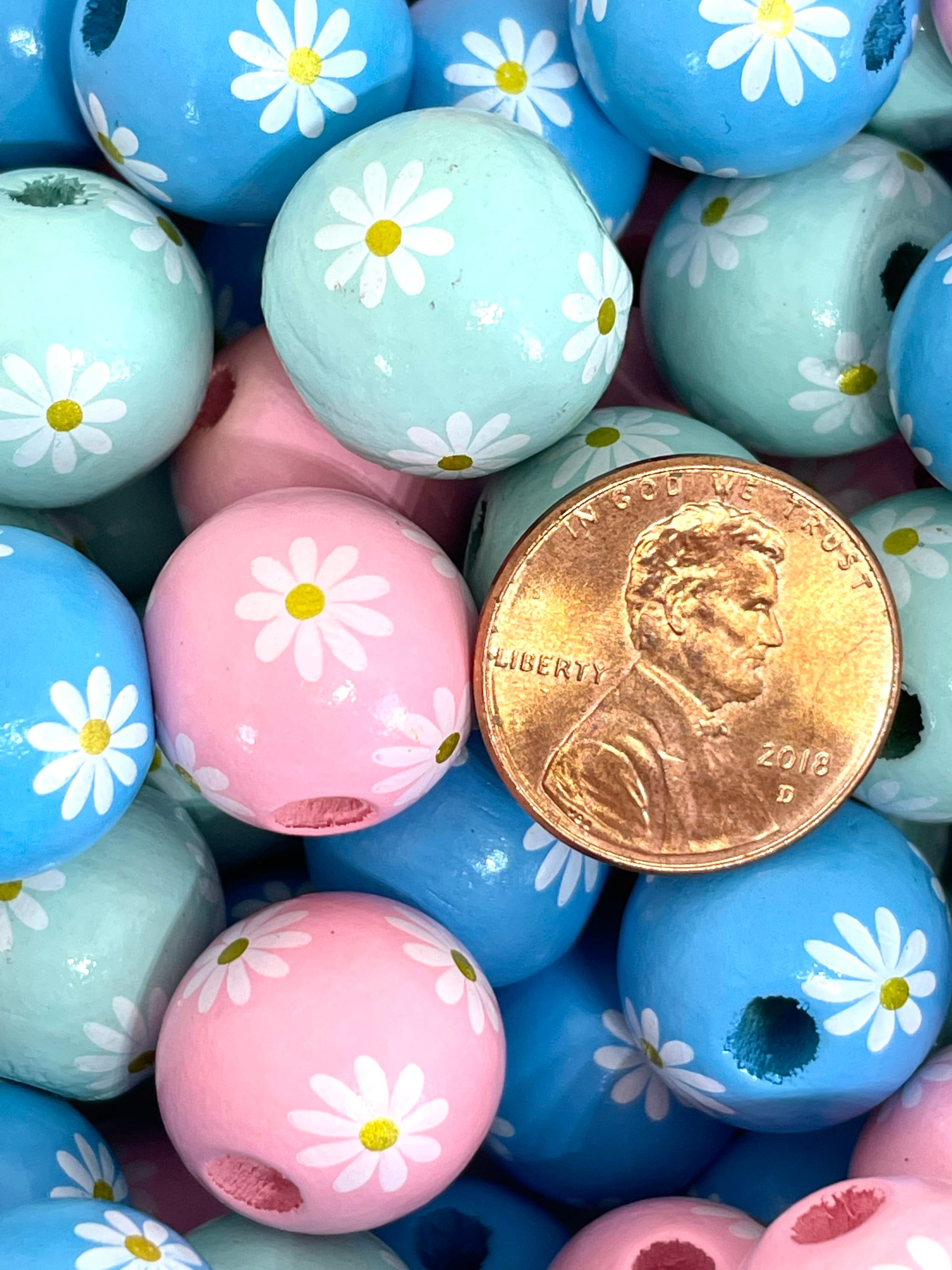 Pastel Daisy Flower Bead Mix, Hand Painted Wood Beads for Garland, Boho Beads, Farmhouse Beads, Wooden Necklace, Wooden Beads, Daisy Beads