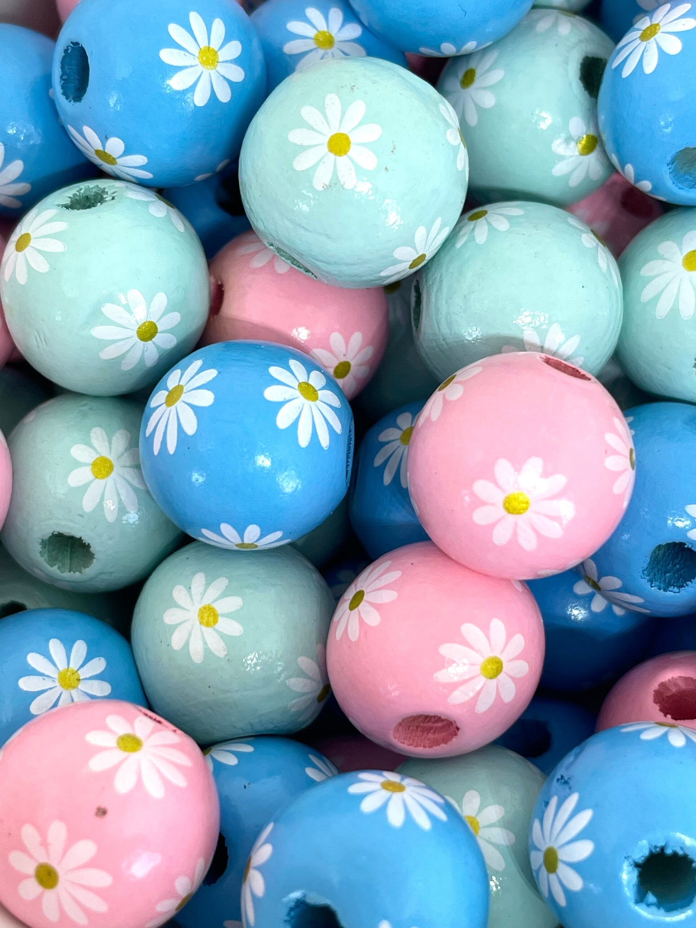 Pastel Daisy Flower Bead Mix, Hand Painted Wood Beads for Garland, Boho Beads, Farmhouse Beads, Wooden Necklace, Wooden Beads, Daisy Beads