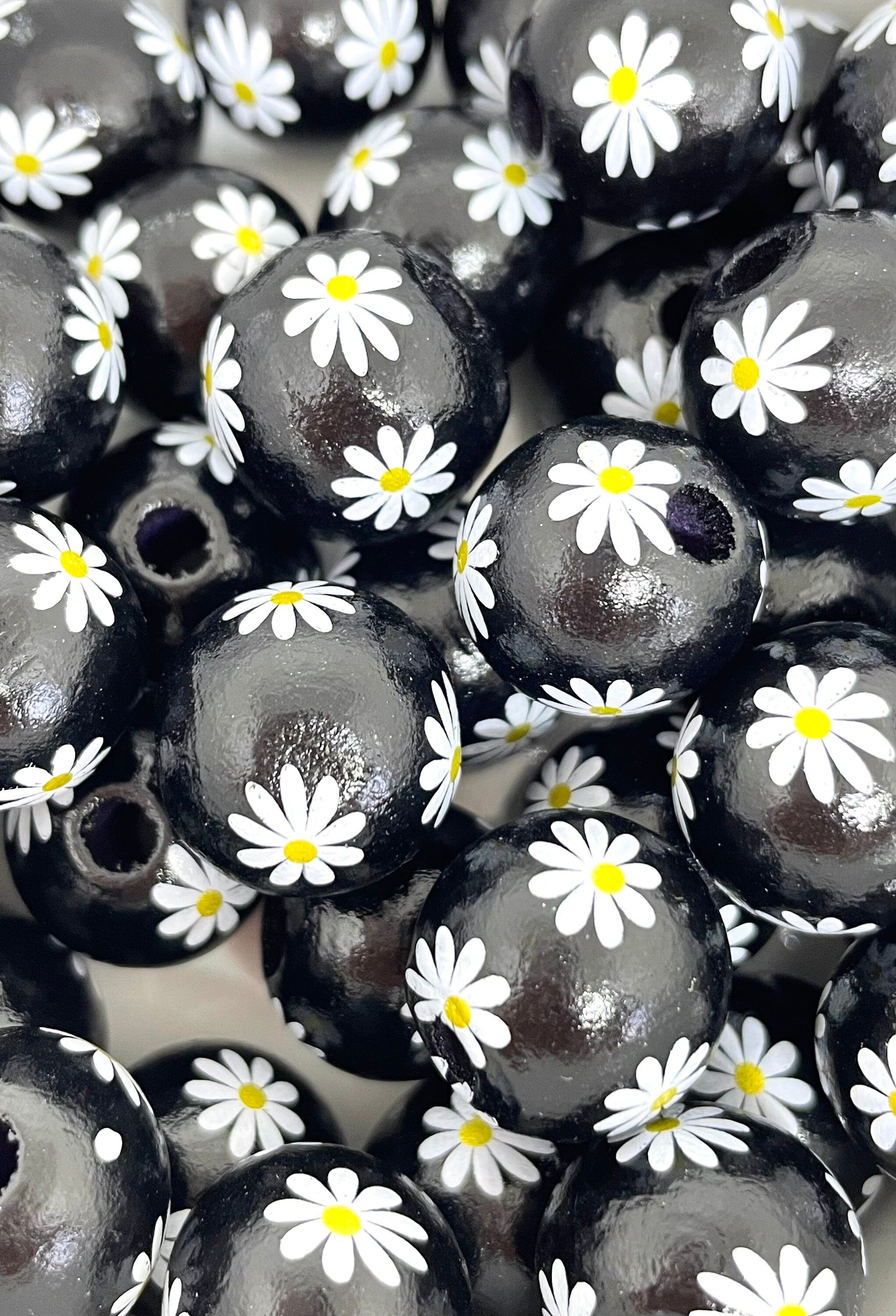 Daisy Beads for Jewelry Making, Macrame, 16mm Wood Beads, Painted Beads for Necklace, Daisy Flower Beads for Garland, Wooden Necklace