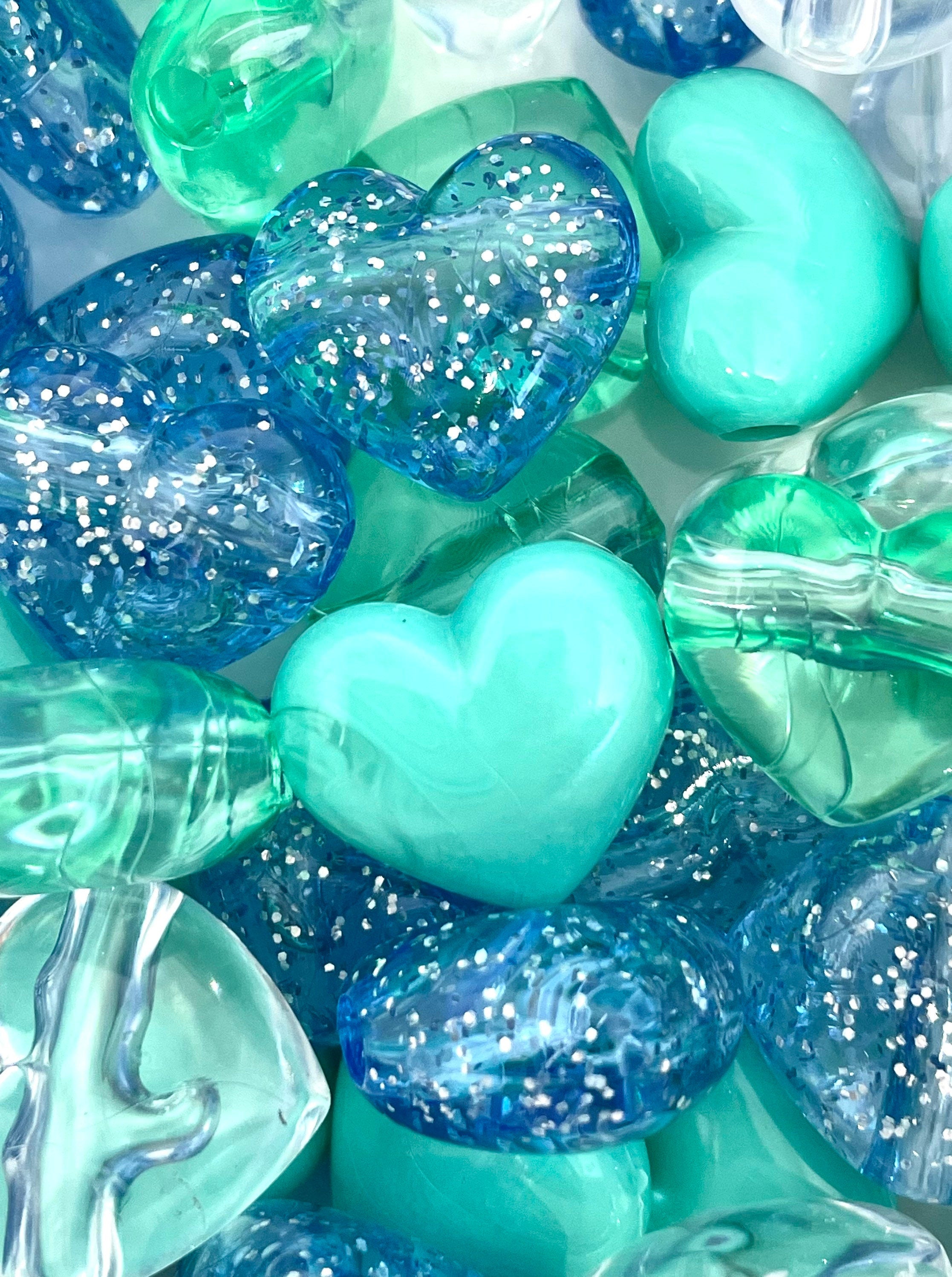 Aqua Green Heart Mix, Large Heart Charm Beads for Necklace, Green Heart Beads for Jewelry Making, Mermaid Beads, Ocean Beads, Heart Bead Set