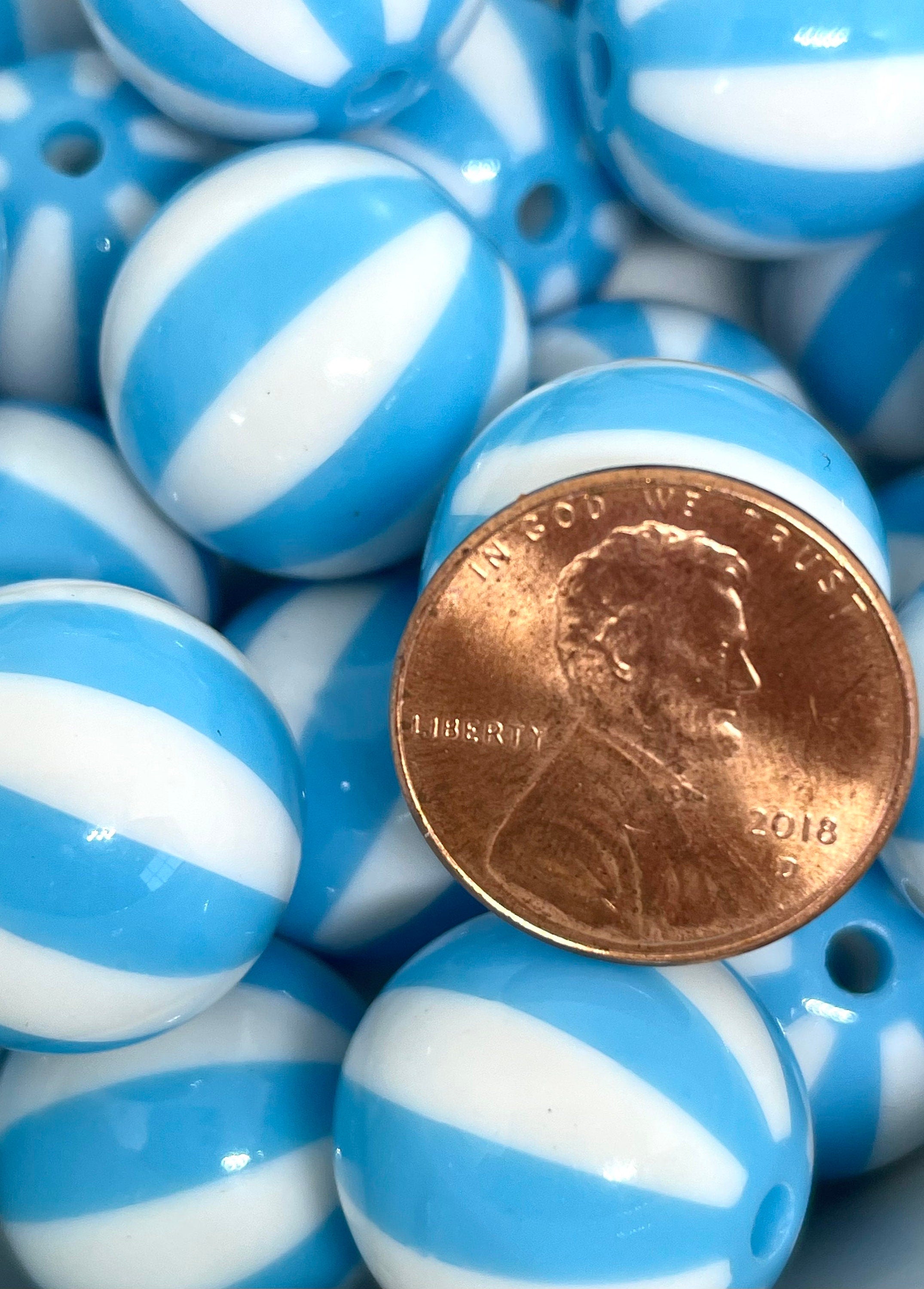 Baby Blue Beach Ball Beads for Chunky Necklace, Baby Blue Striped Beads, Chunky Jewelry, 20mm Beads, Large Round Blue Beads