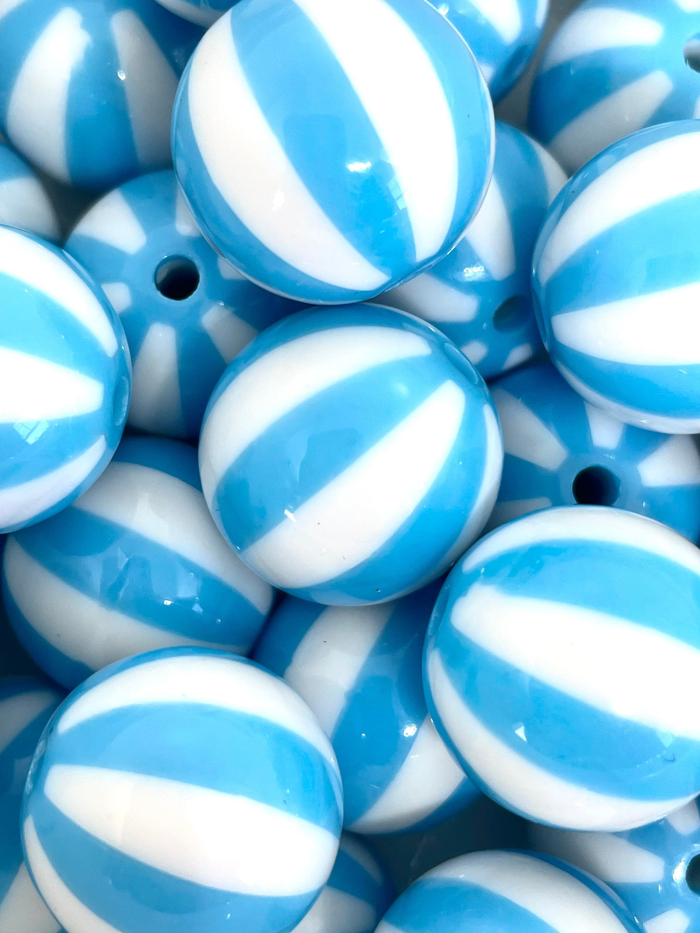 Baby Blue Beach Ball Beads for Chunky Necklace, Baby Blue Striped Beads, Chunky Jewelry, 20mm Beads, Large Round Blue Beads