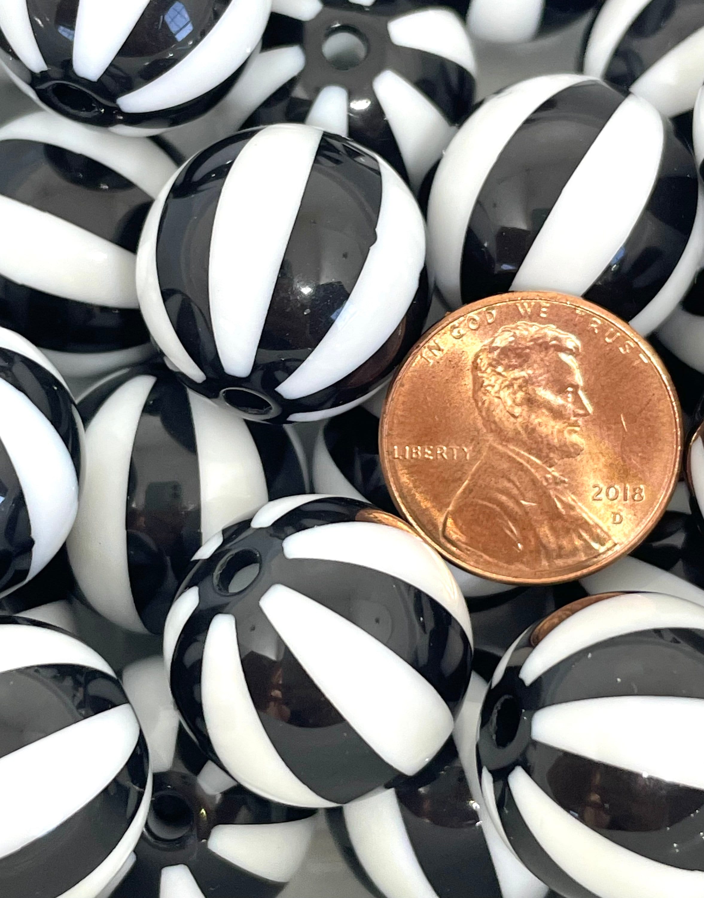 Black and White Beach Ball Beads, Black and White Striped Beads, Large Chunky Round Beads for Jewelry Making, Chunky Jewelry, 20mm Beads