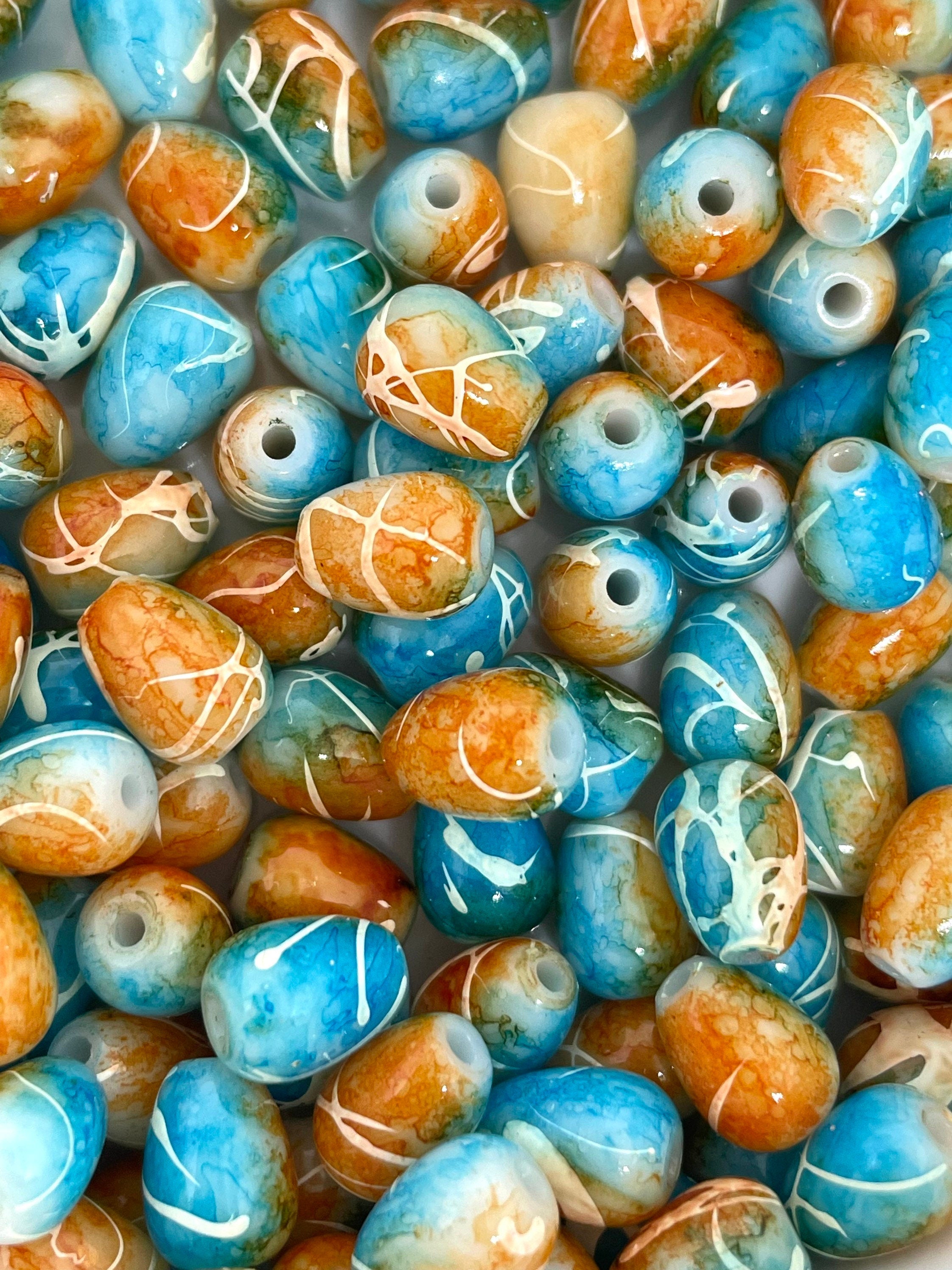 Blue and Copper Colored Glass Beads, Tear Shaped Beads for Jewelry Making, Earrings