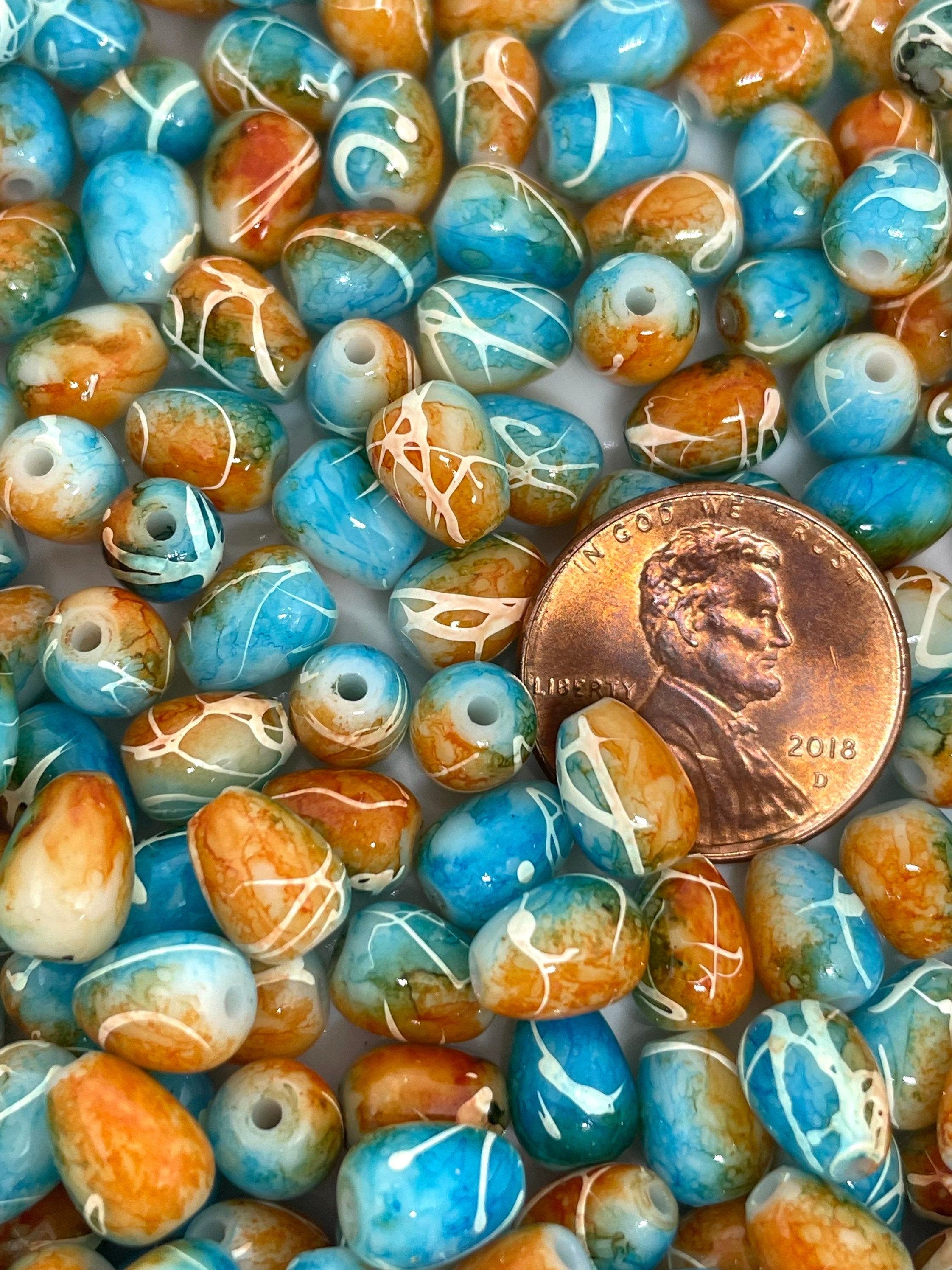 Blue and Copper Colored Glass Beads, Tear Shaped Beads for Jewelry Making, Earrings