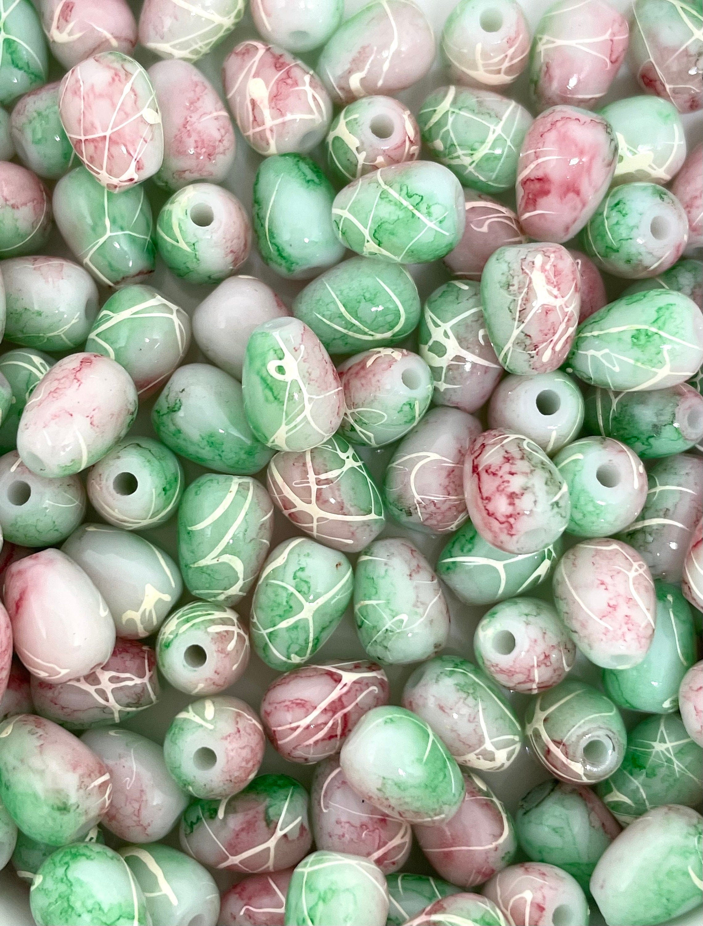 Watermelon Beads, Green and Red Tear Drop Beads, Swirl Beads, Glass Beads for Jewelry Making, Earrings