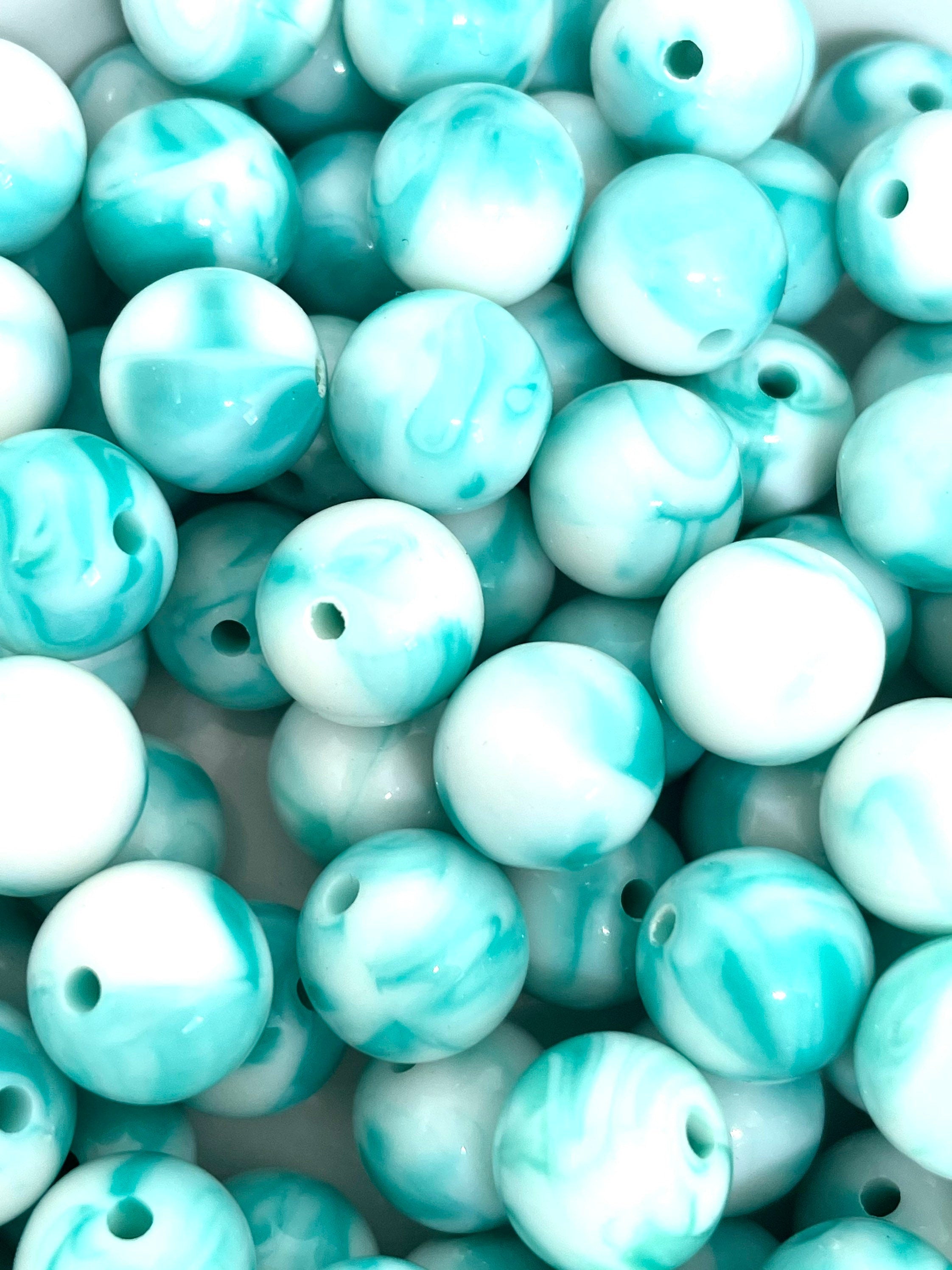 12mm Aqua and White Swirl Glass Beads