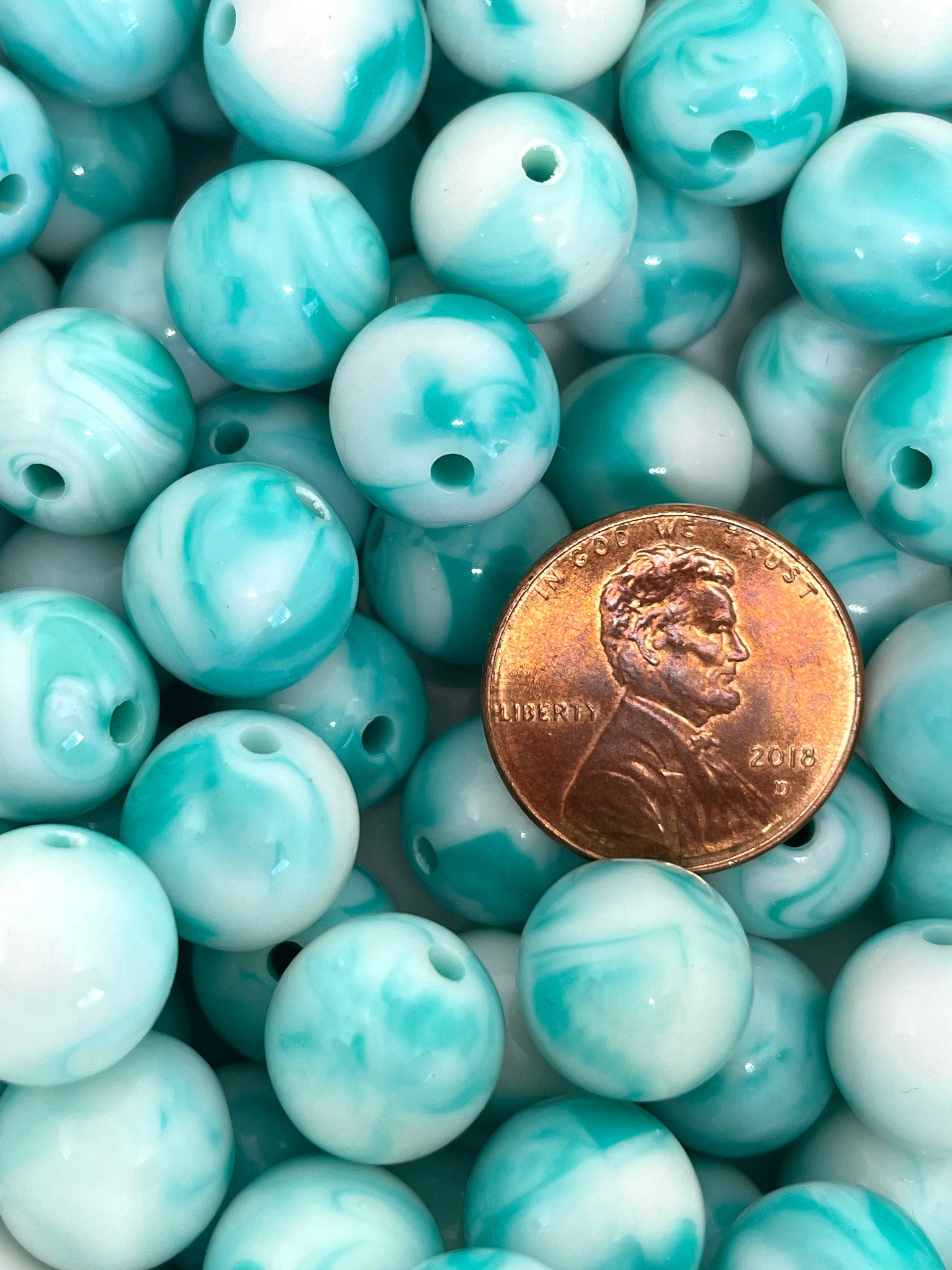 12mm Aqua and White Swirl Glass Beads