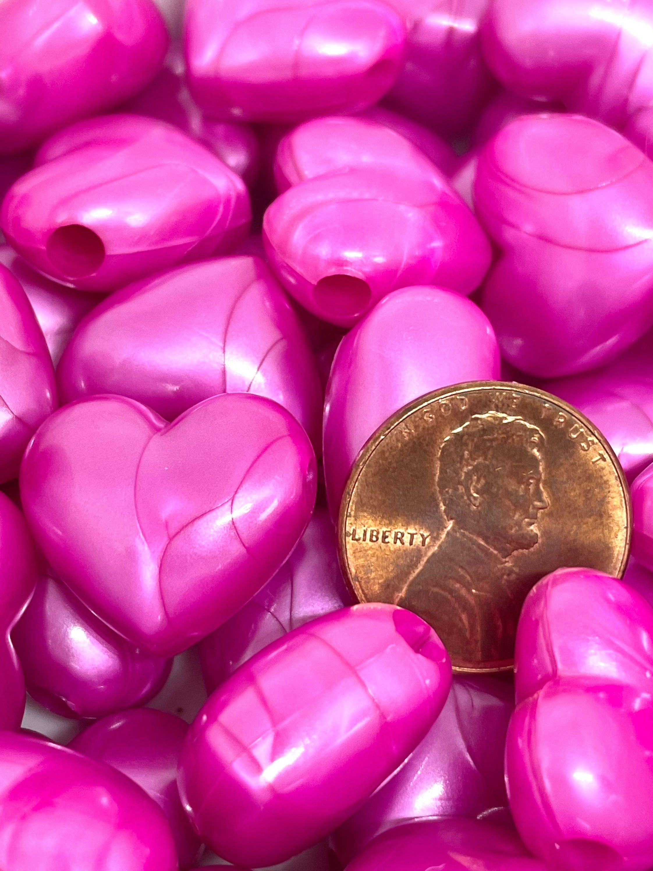 Chunky Pearlized Magenta Heart Beads, Heart Charm Pendant, Dark Pink Beads for Jewelry Making, Statement Beads