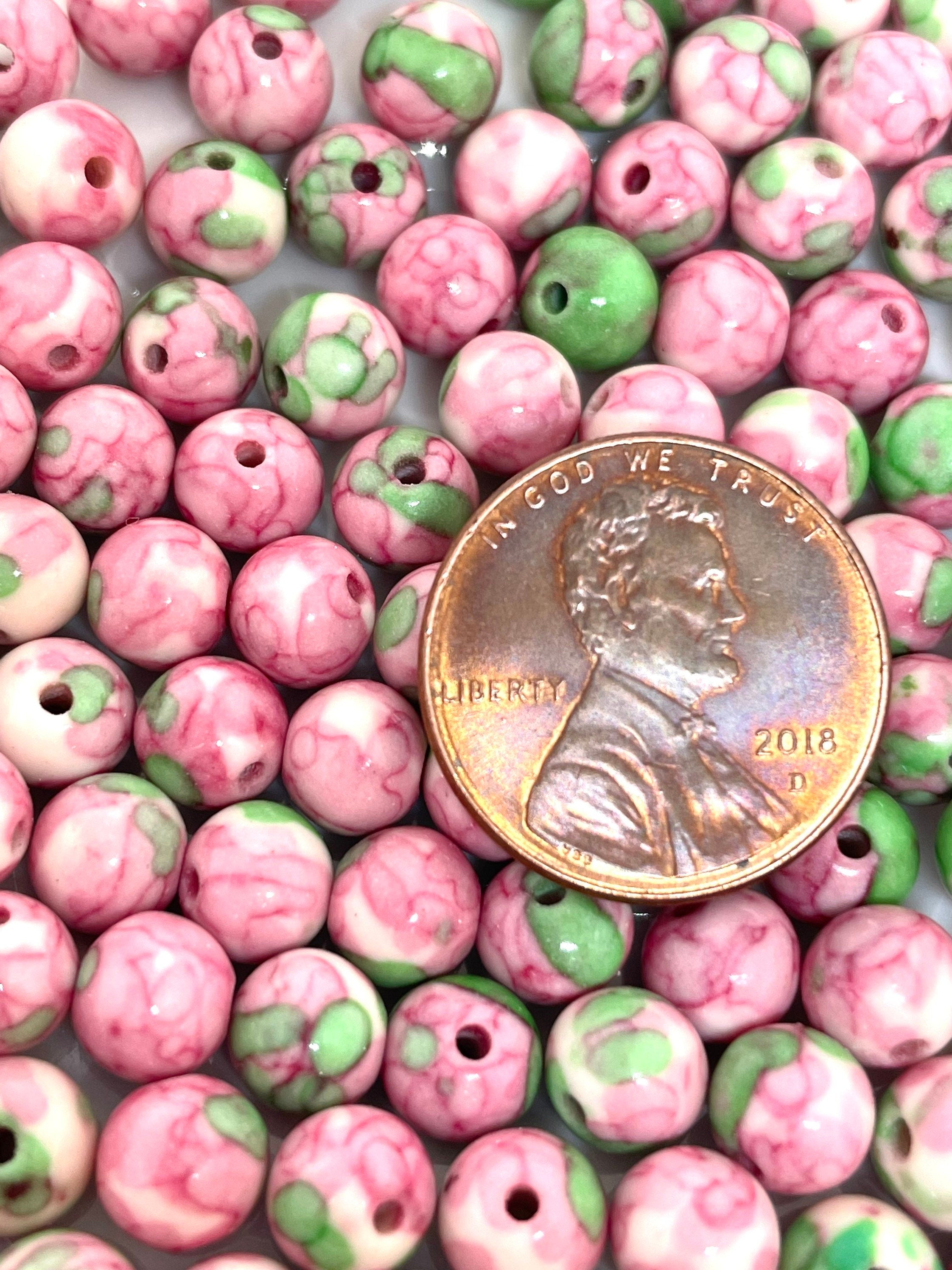 6mm Pretty Pink and Green Rain Jasper Beads, Natural Stone Beads, Pink Beads, Flower Beads for Spring, Easter BEads