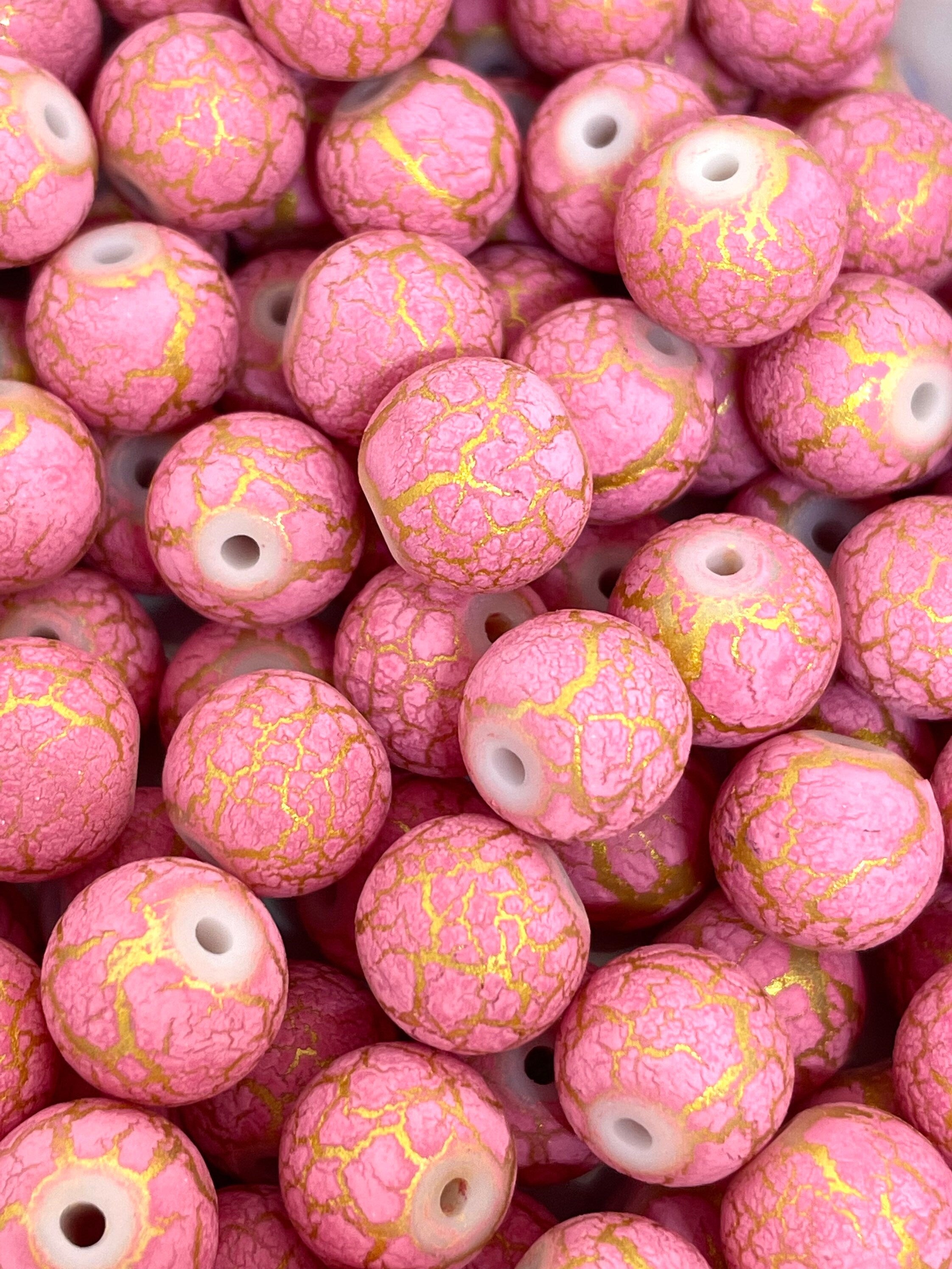 10mm Pink and Gold Crackle Glass Beads