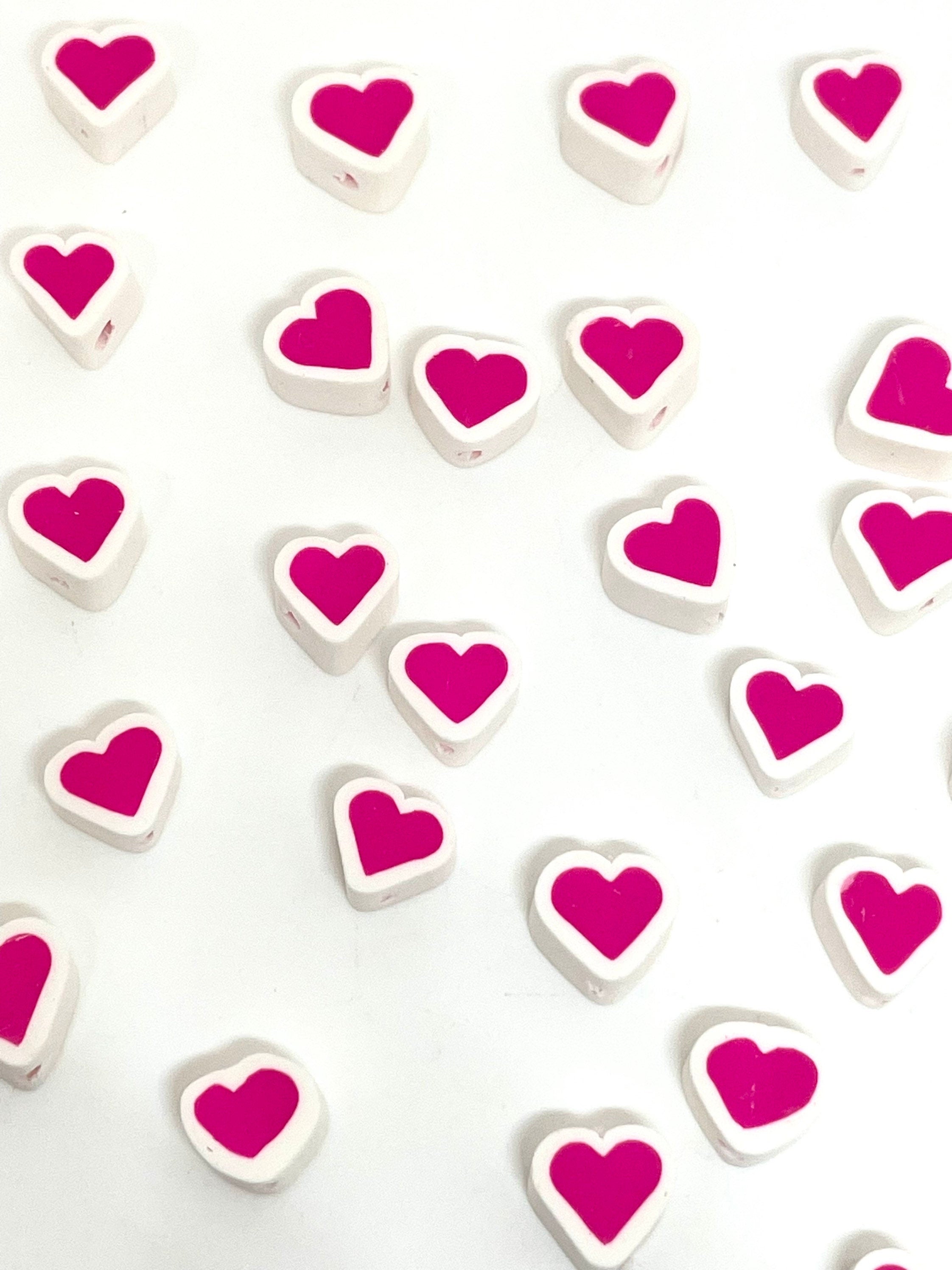 Pink and White Polymer Clay Heart Beads, Heart Spacer Beads for Bracelet, Necklace