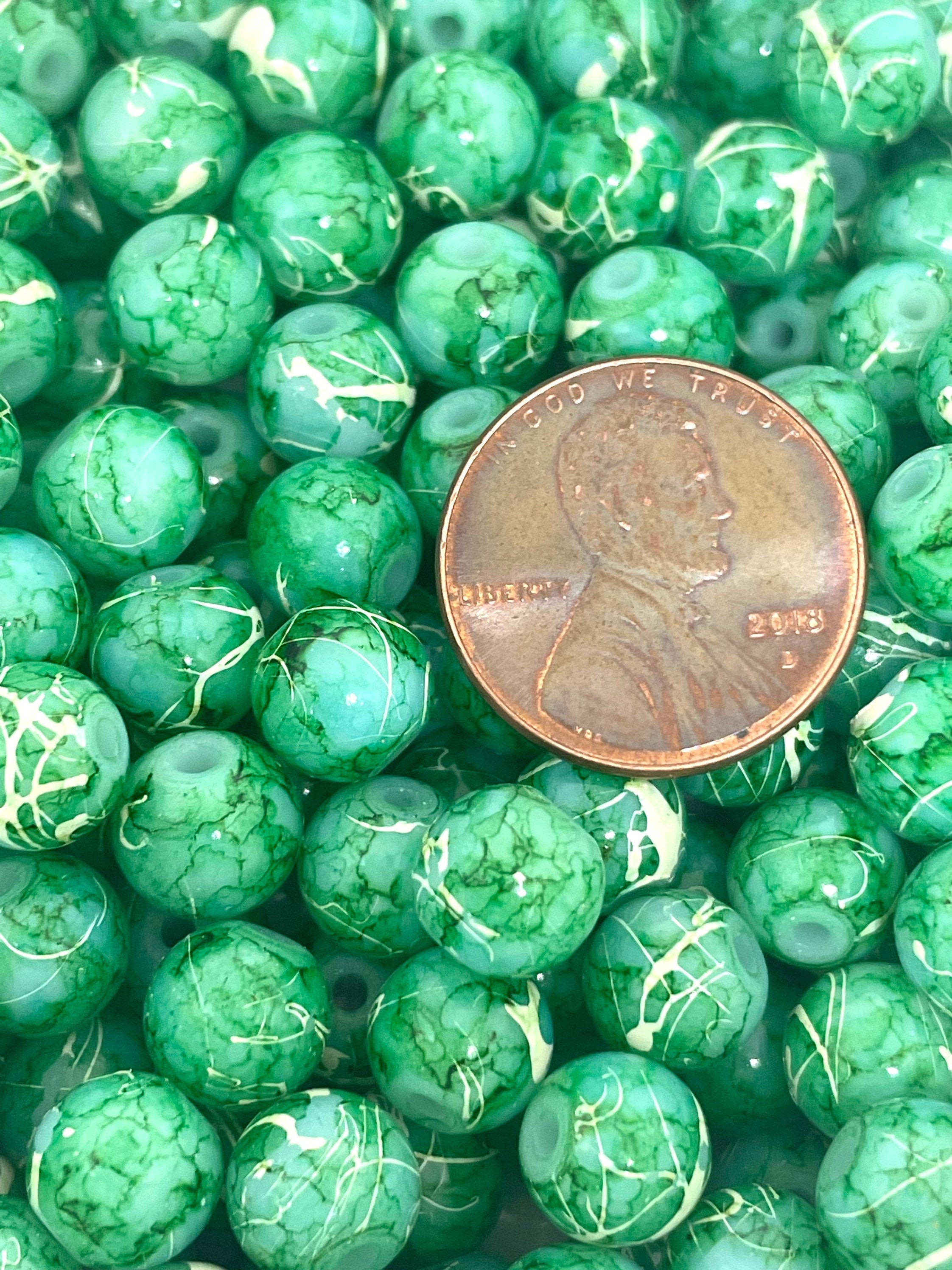 8mm Sea Green Glass Tie-Dye Beads for Jewelry Making, Necklace, Bracelet, Crackle Beads, Green Beads