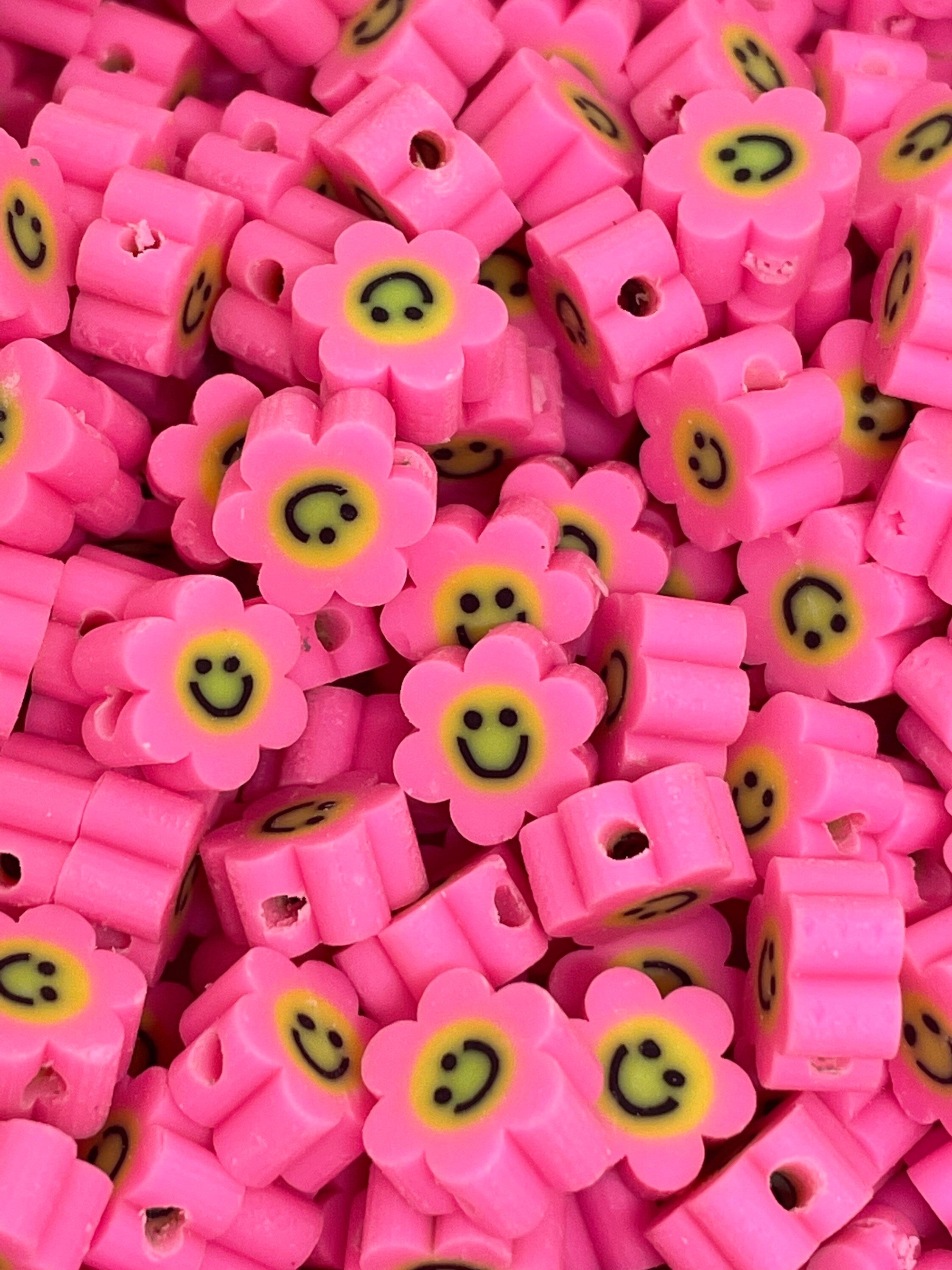 Cute Happy Face Flower Beads, Emoji Beads, Charm for Jewelry Making, Pink Beads, Bright Colored Clay Beads