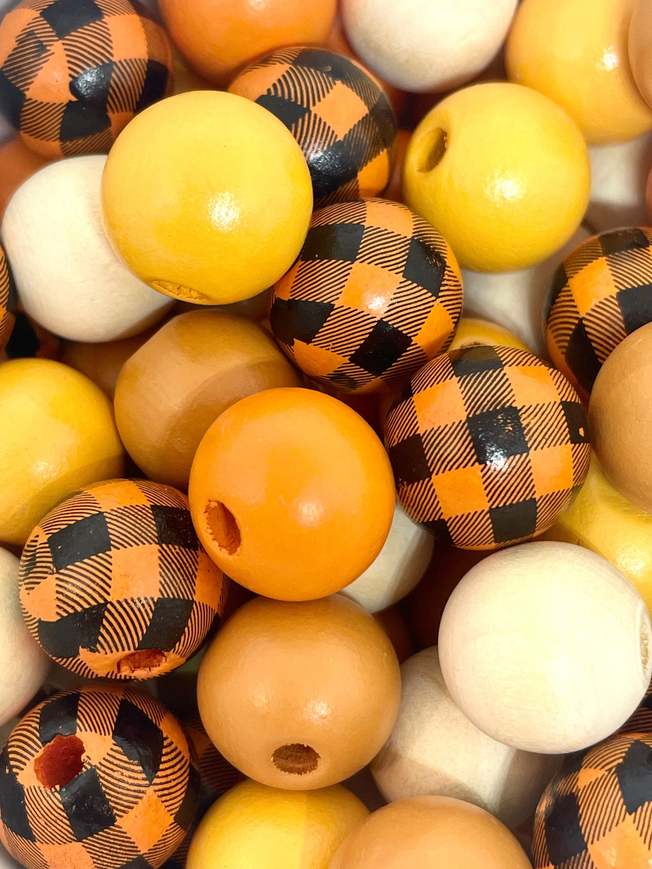 Fall Bead Mix, Wood Beads for Harvest Garland, Pumpkin Colored Beads, Buffalo Plaid Fall Bead, Autumn Bead Assortment