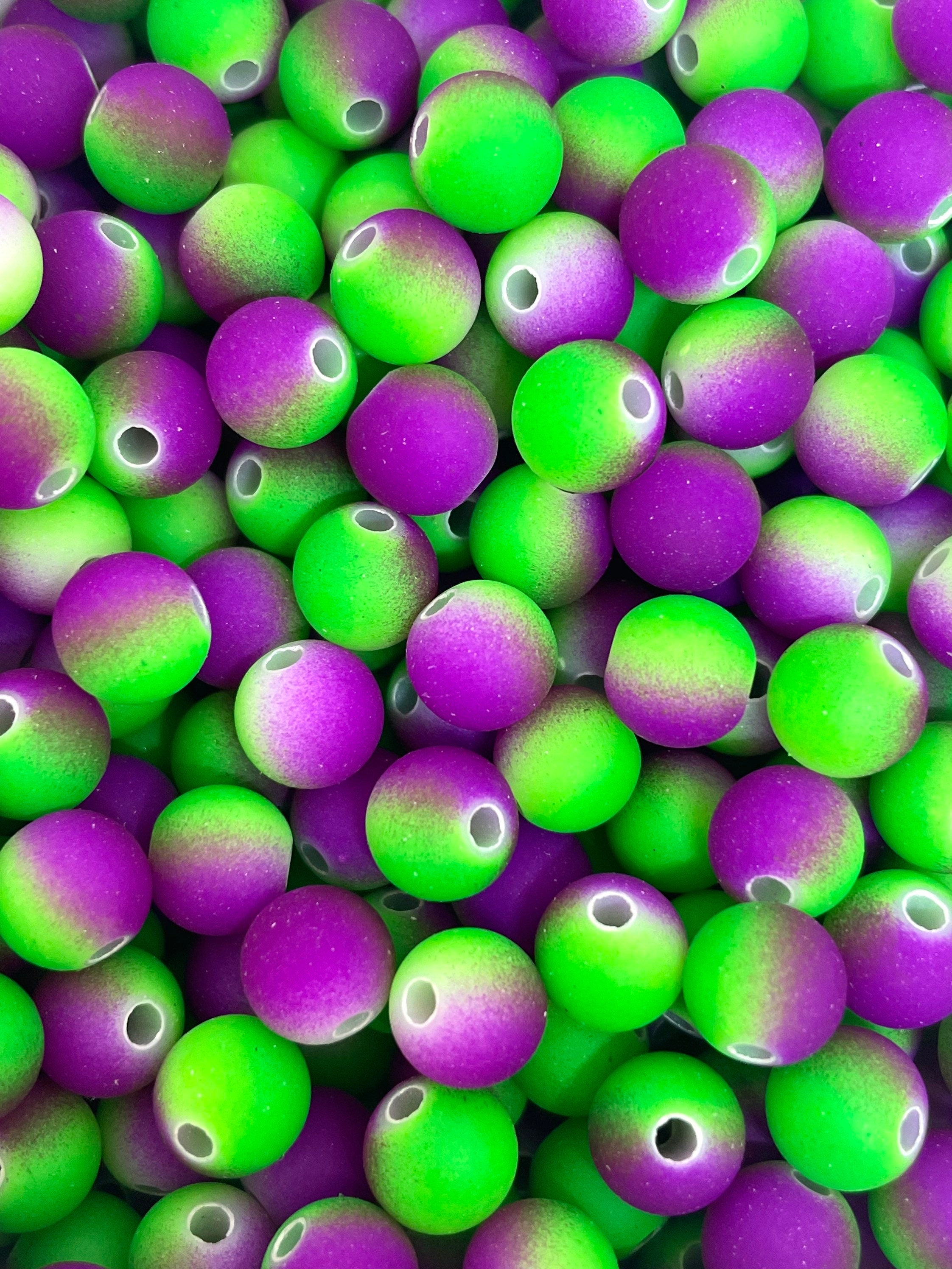 Bright Neon Green and Purple Round Beads, Rubberized Beads, Rave Beads, EDM Jewelry, Festival Beads