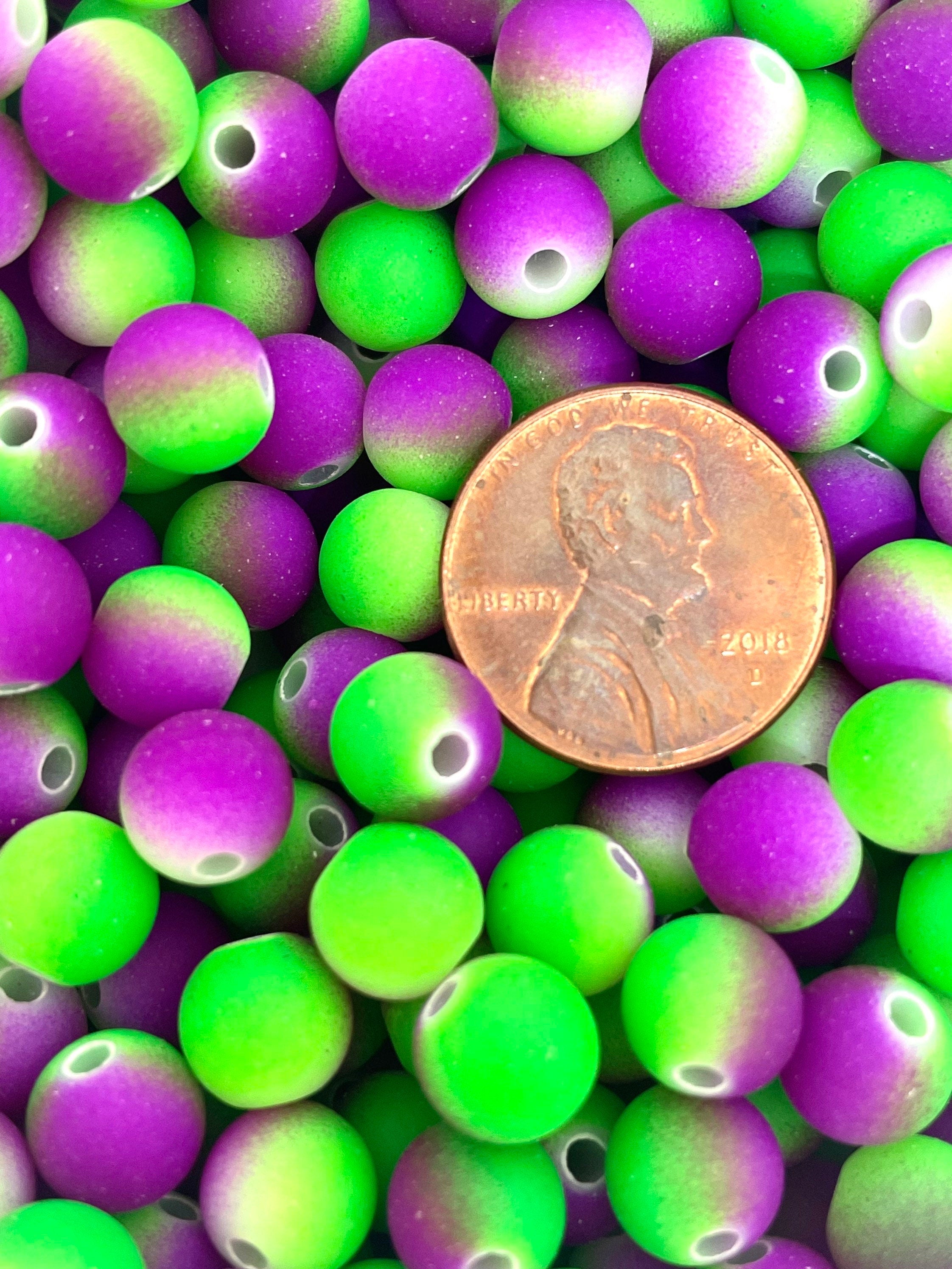 Bright Neon Green and Purple Round Beads, Rubberized Beads, Rave Beads, EDM Jewelry, Festival Beads
