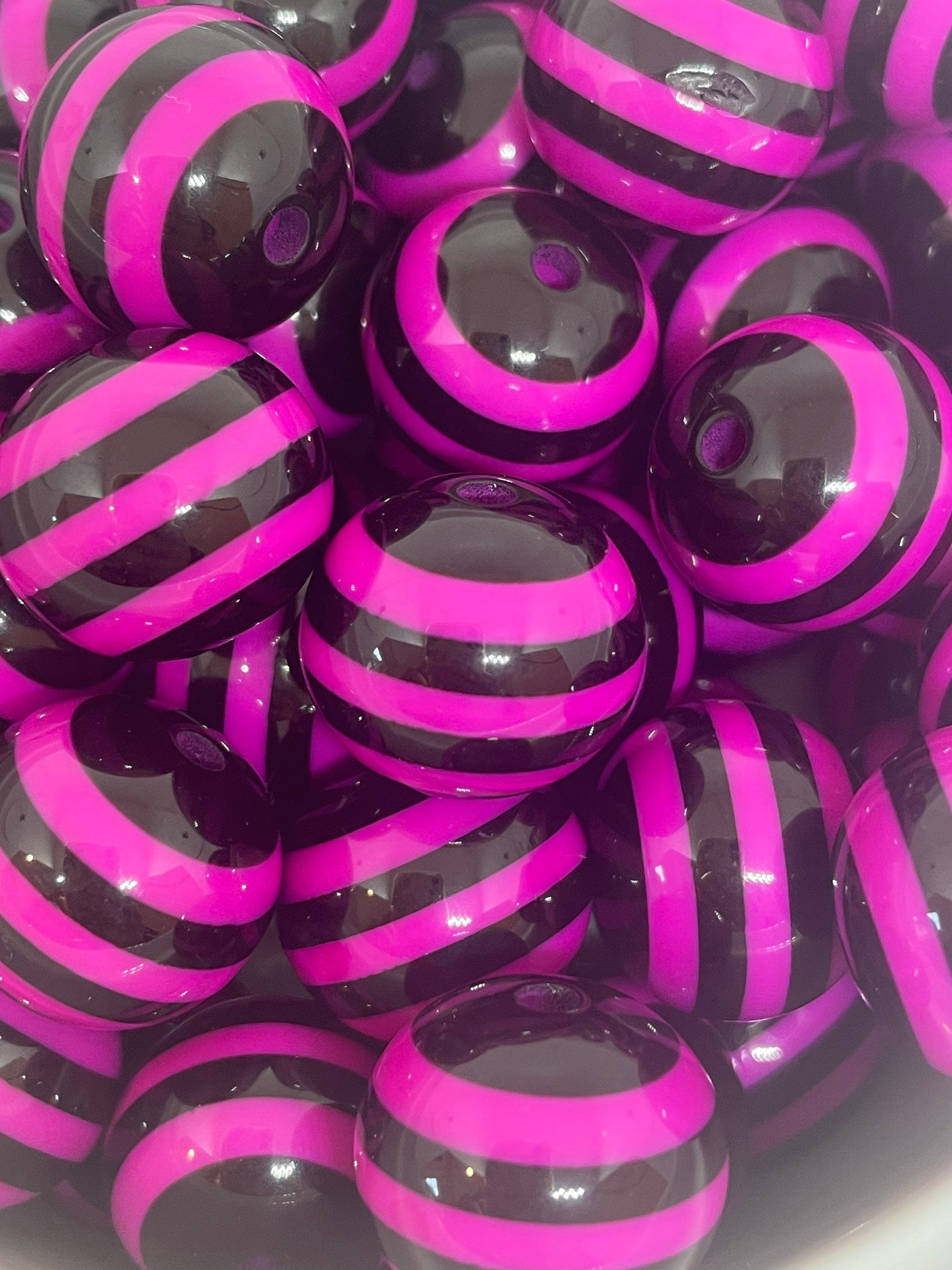 20mm Chunky Black and Magenta Striped Beads