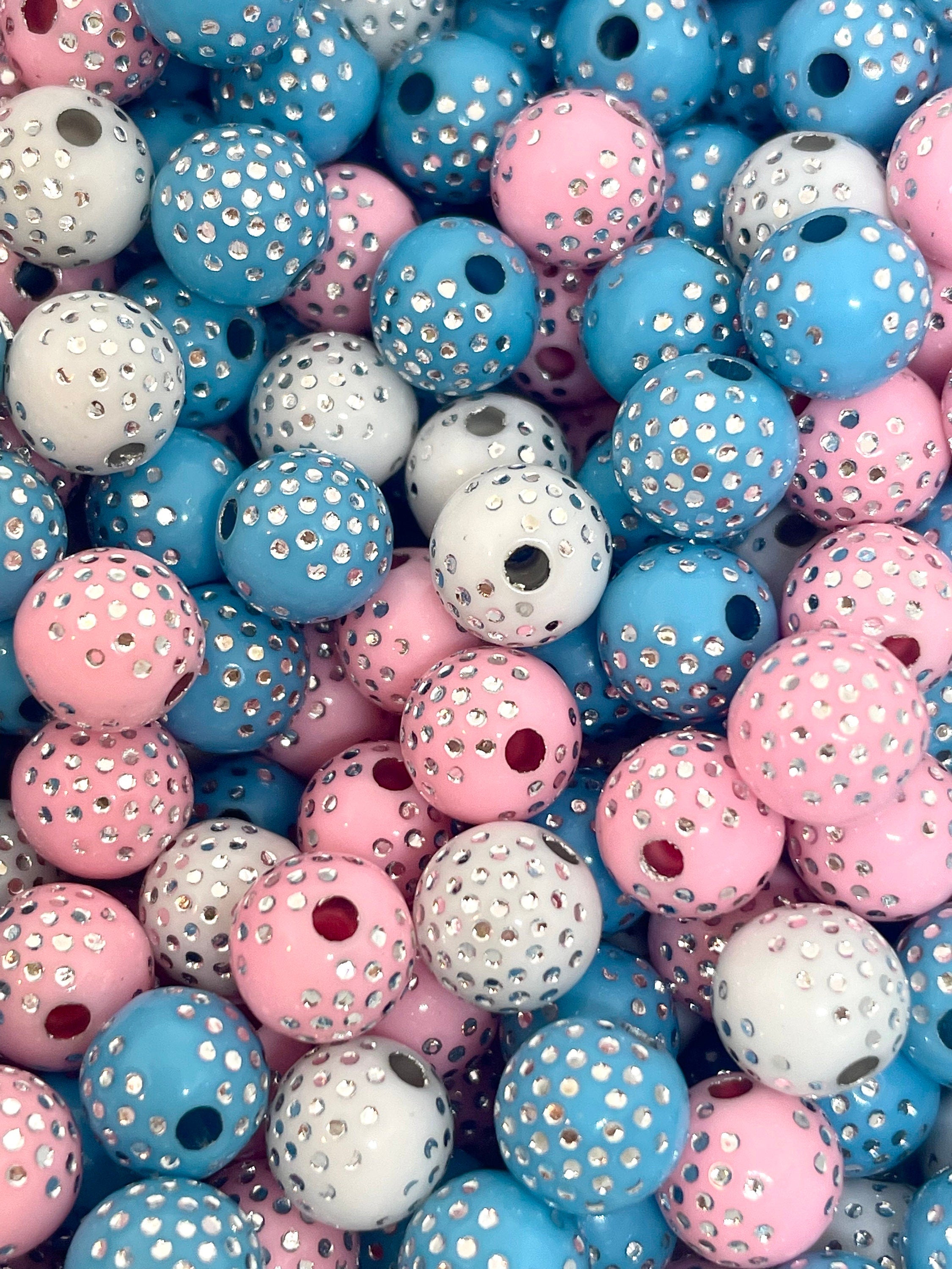 8mm Kawaii Cotton Candy Bead Mix, Light Pink and Blue Beads with Silver Polka Dots