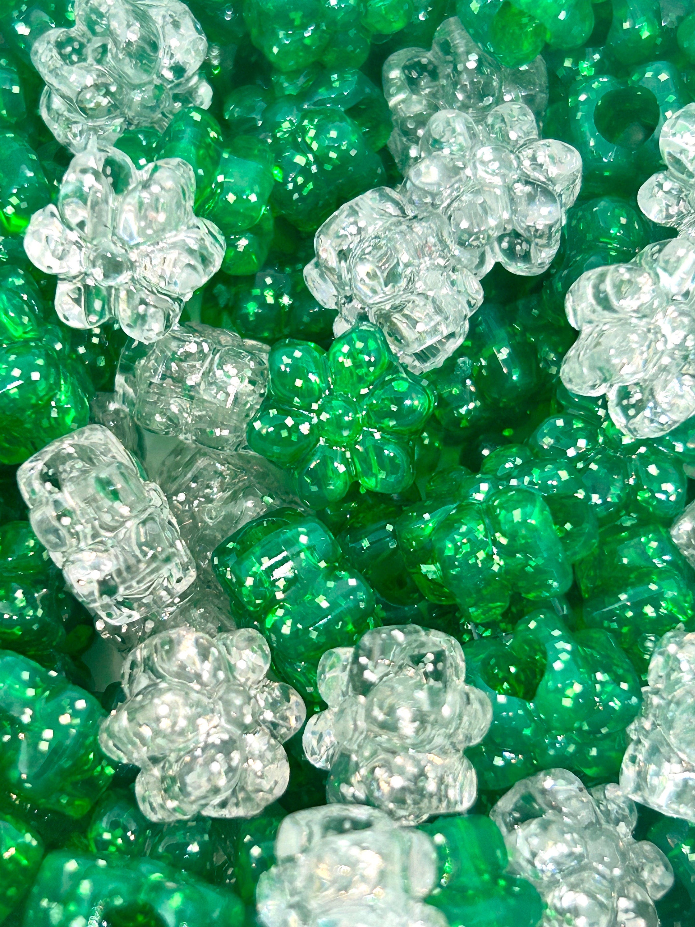 St. Patrick's Day Themed Glitter Beads, Green Flower Shamrock Lucky Beads