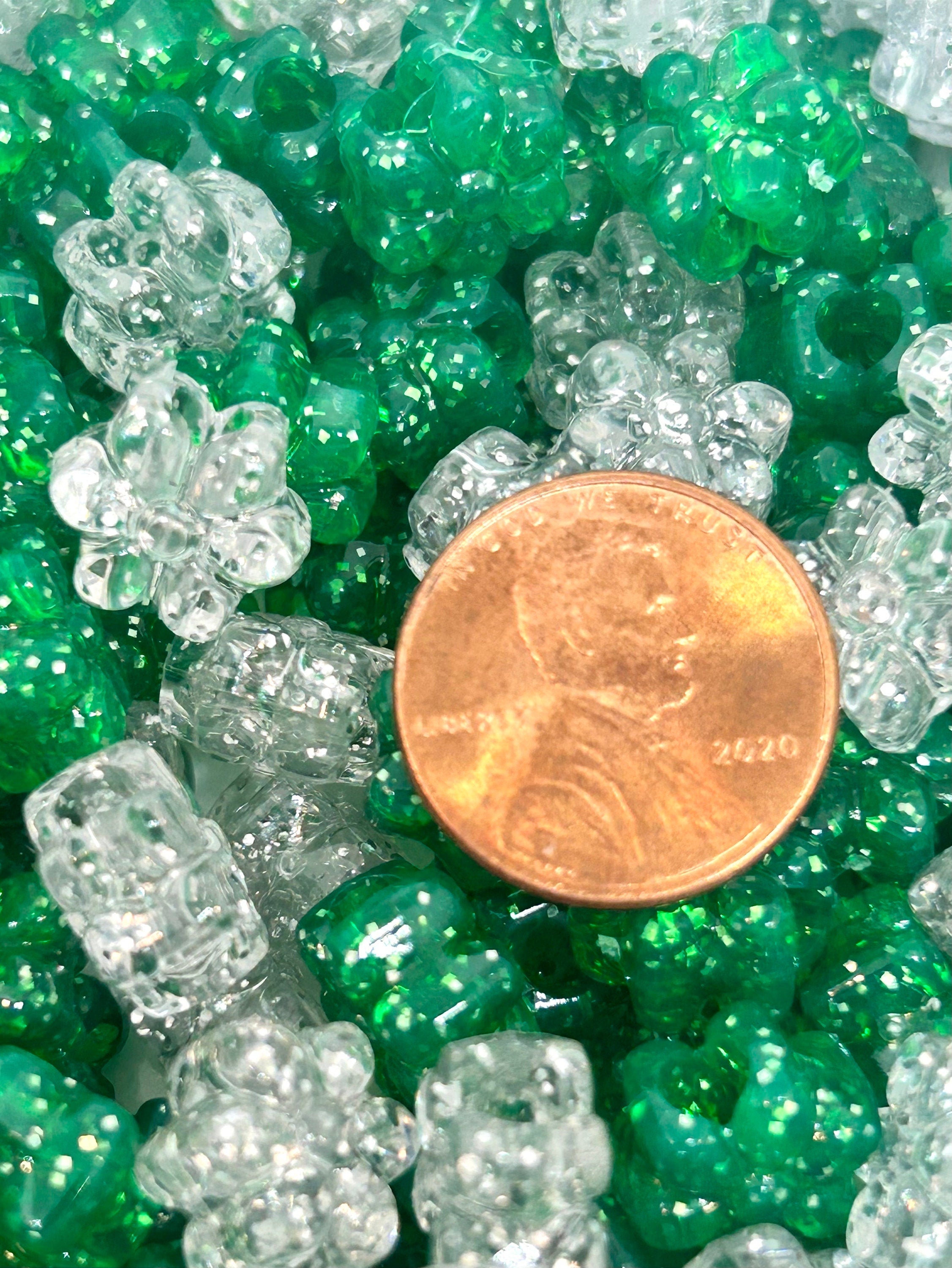 St. Patrick's Day Themed Glitter Beads, Green Flower Shamrock Lucky Beads