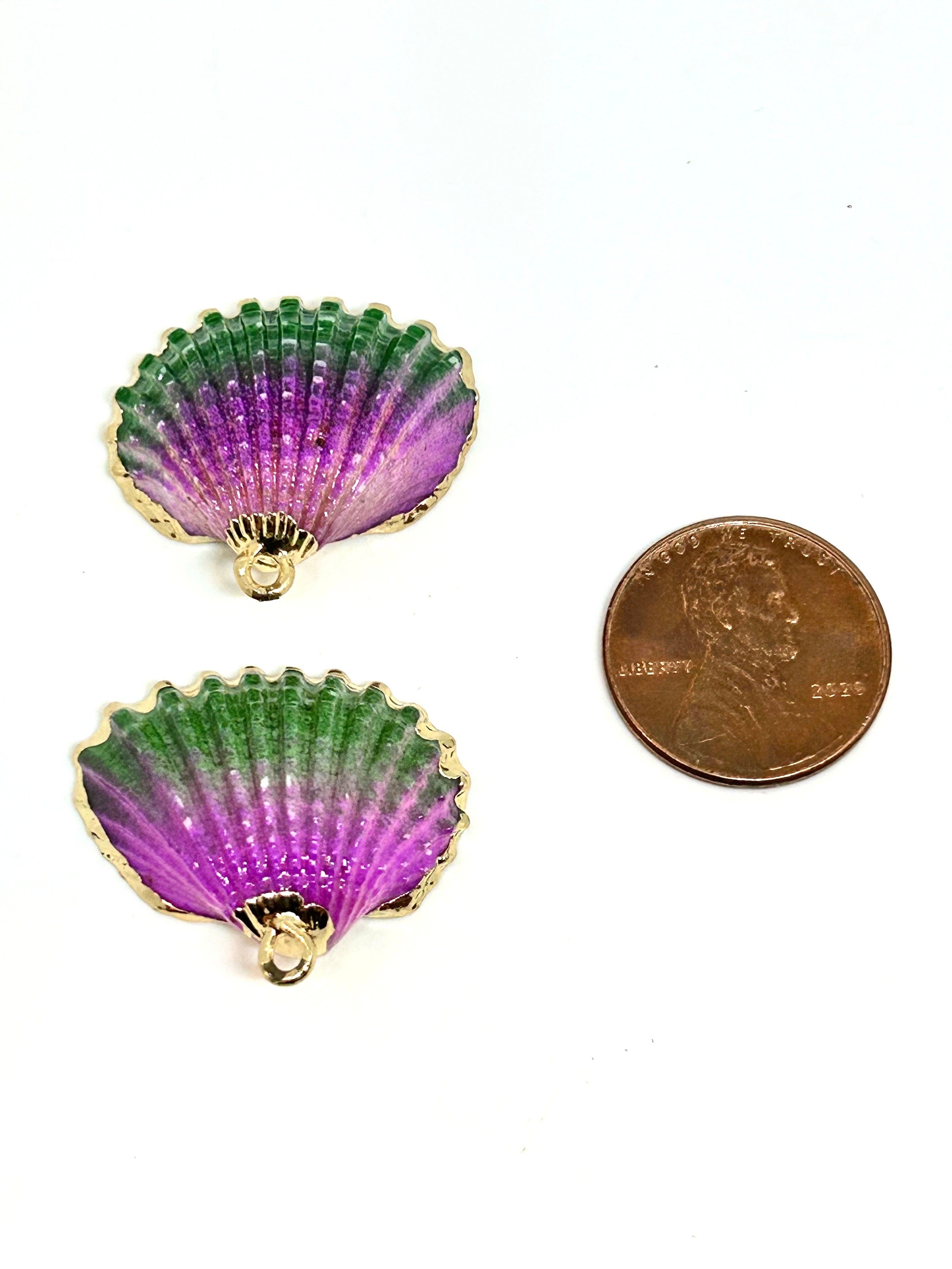 Beautiful Fuchsia & Green Mermaid Shell Charms, Gold-Plated