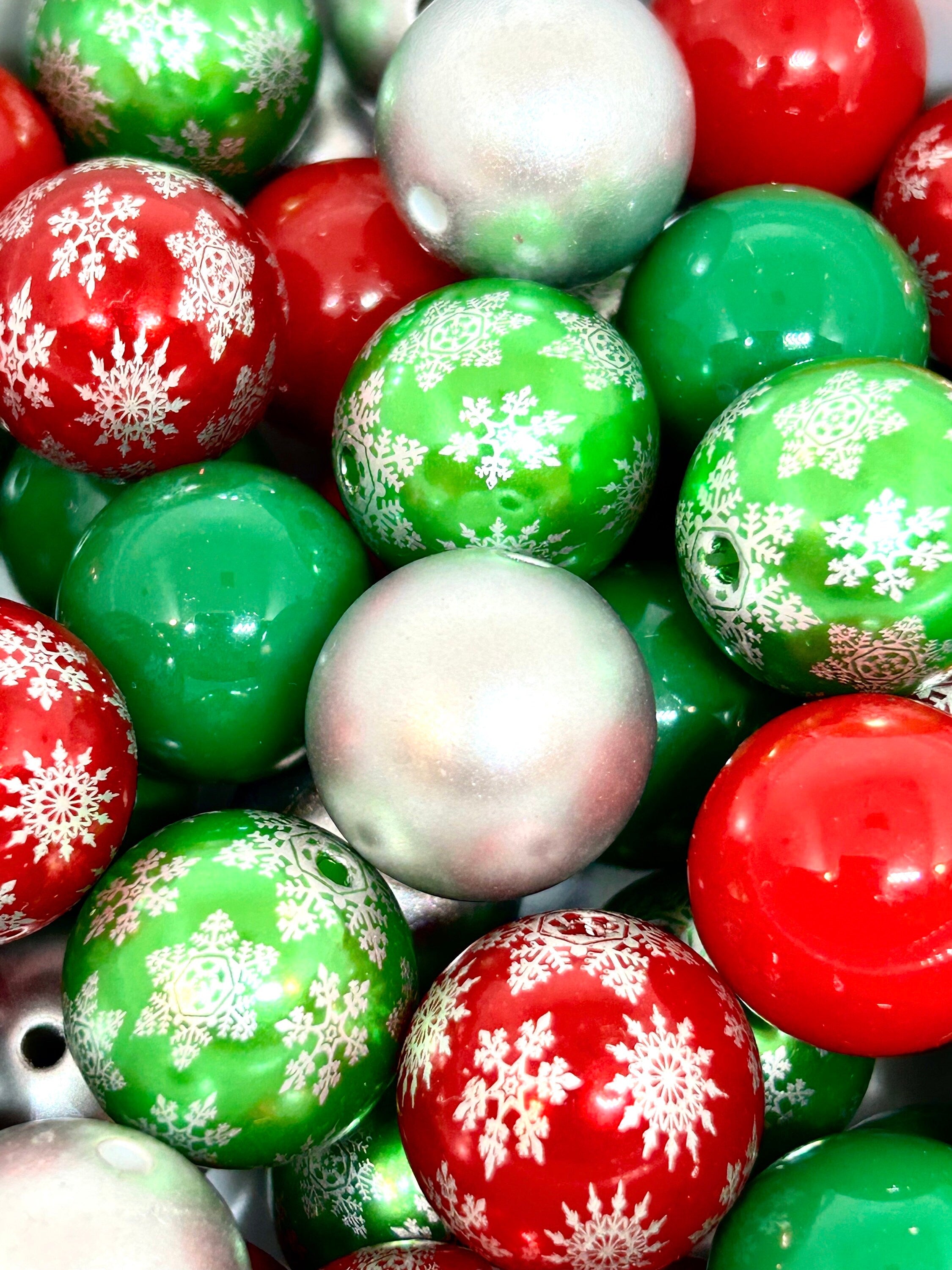 Chunky Christmas Bead Mix - Festive Green & Red, Snowflakes, Pearls, 20mm