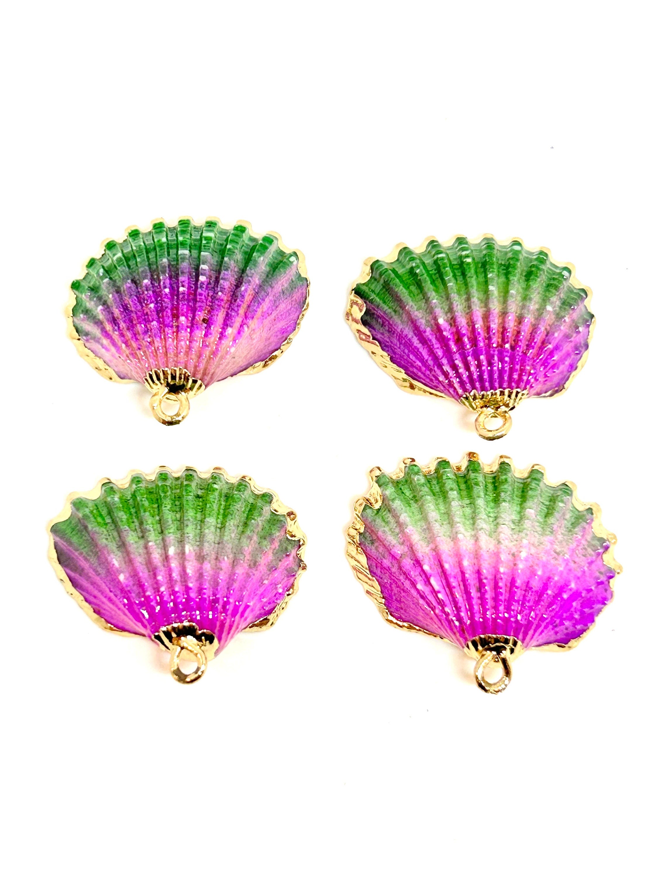 Beautiful Fuchsia & Green Mermaid Shell Charms, Gold-Plated