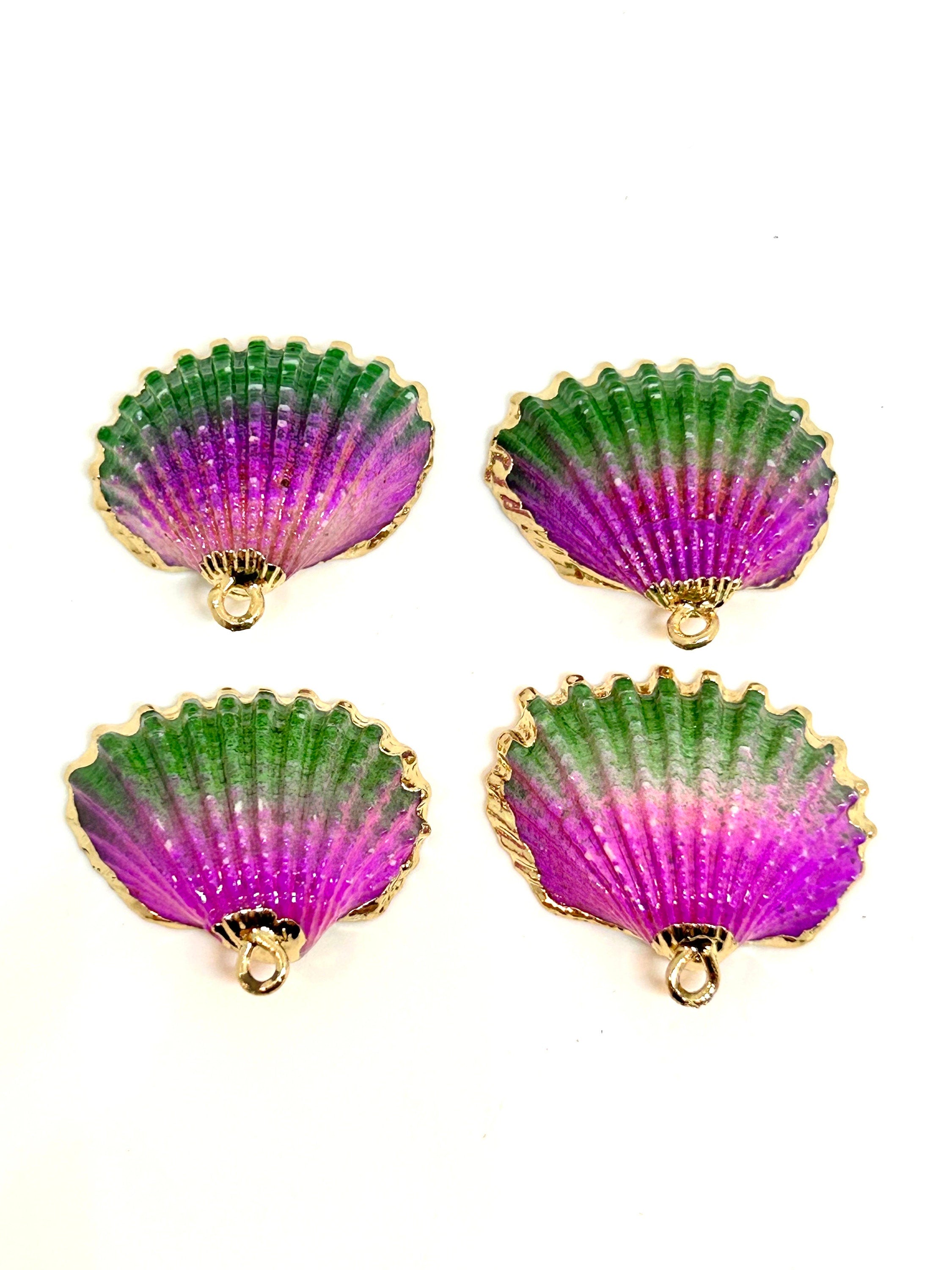 Beautiful Fuchsia & Green Mermaid Shell Charms, Gold-Plated