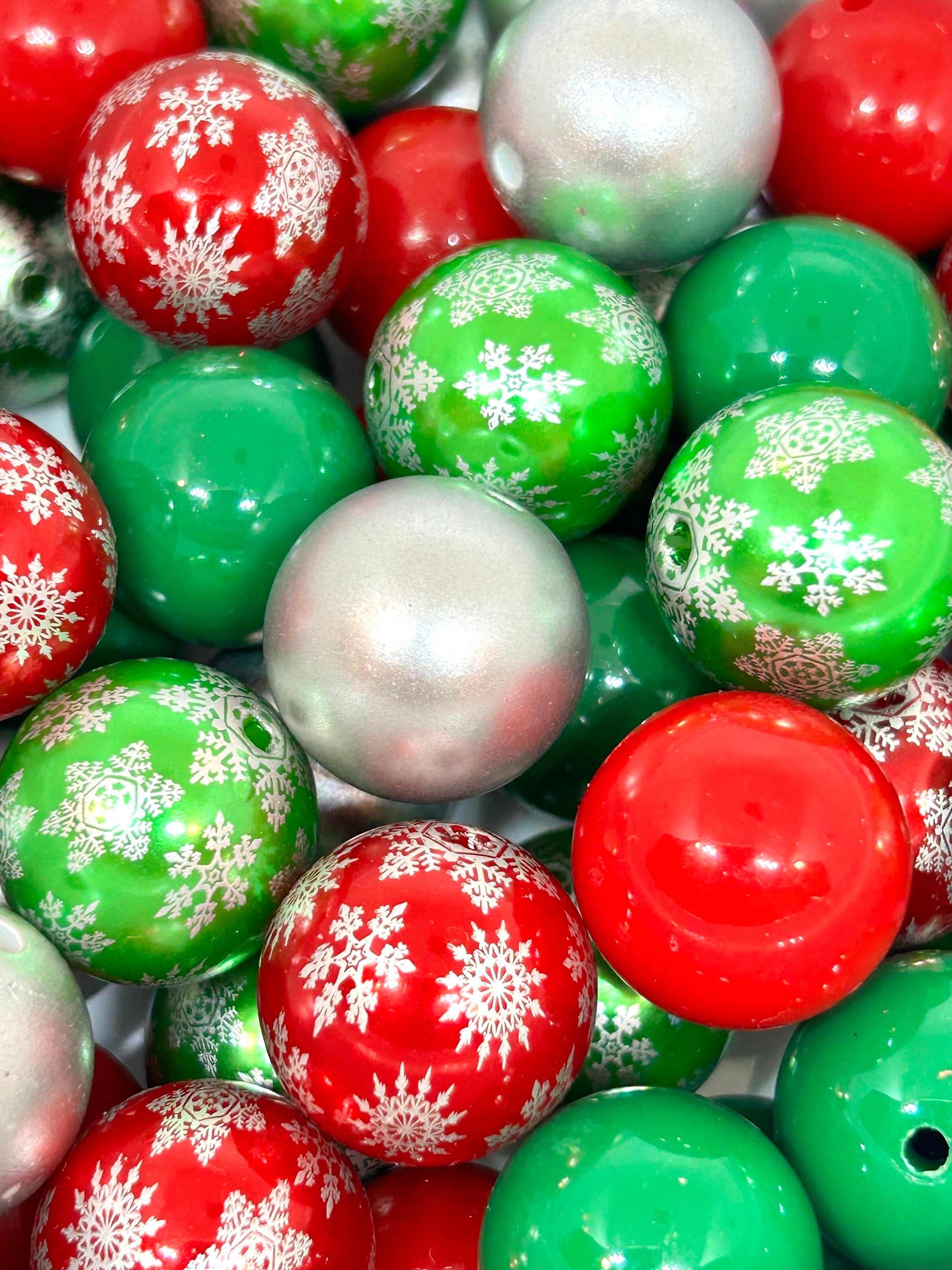 Chunky Christmas Bead Mix - Festive Green & Red, Snowflakes, Pearls, 20mm