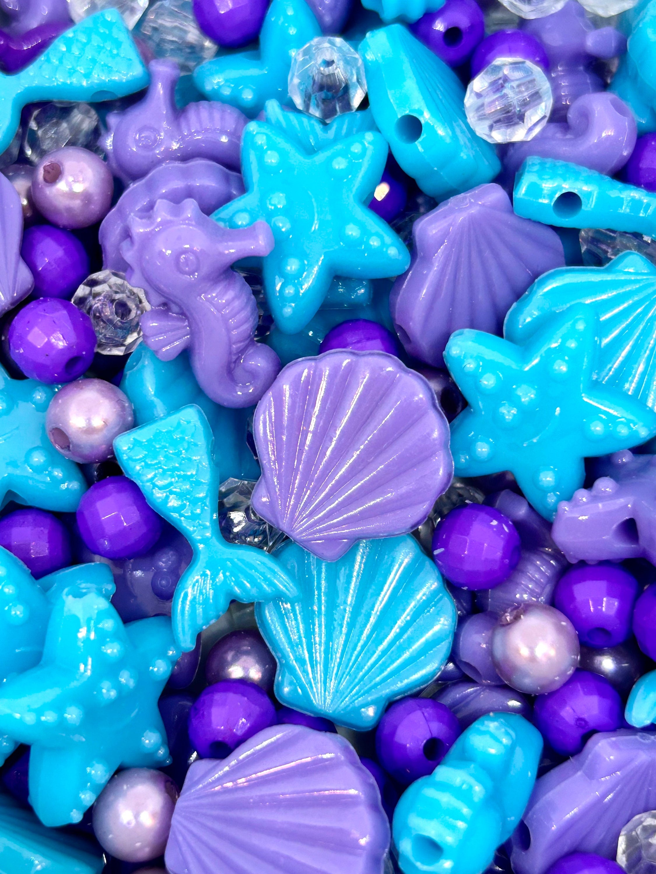 Blue & Purple Mermaid Bead Mix, Shell, Round, Mermaid Tails, Seahorse Beads