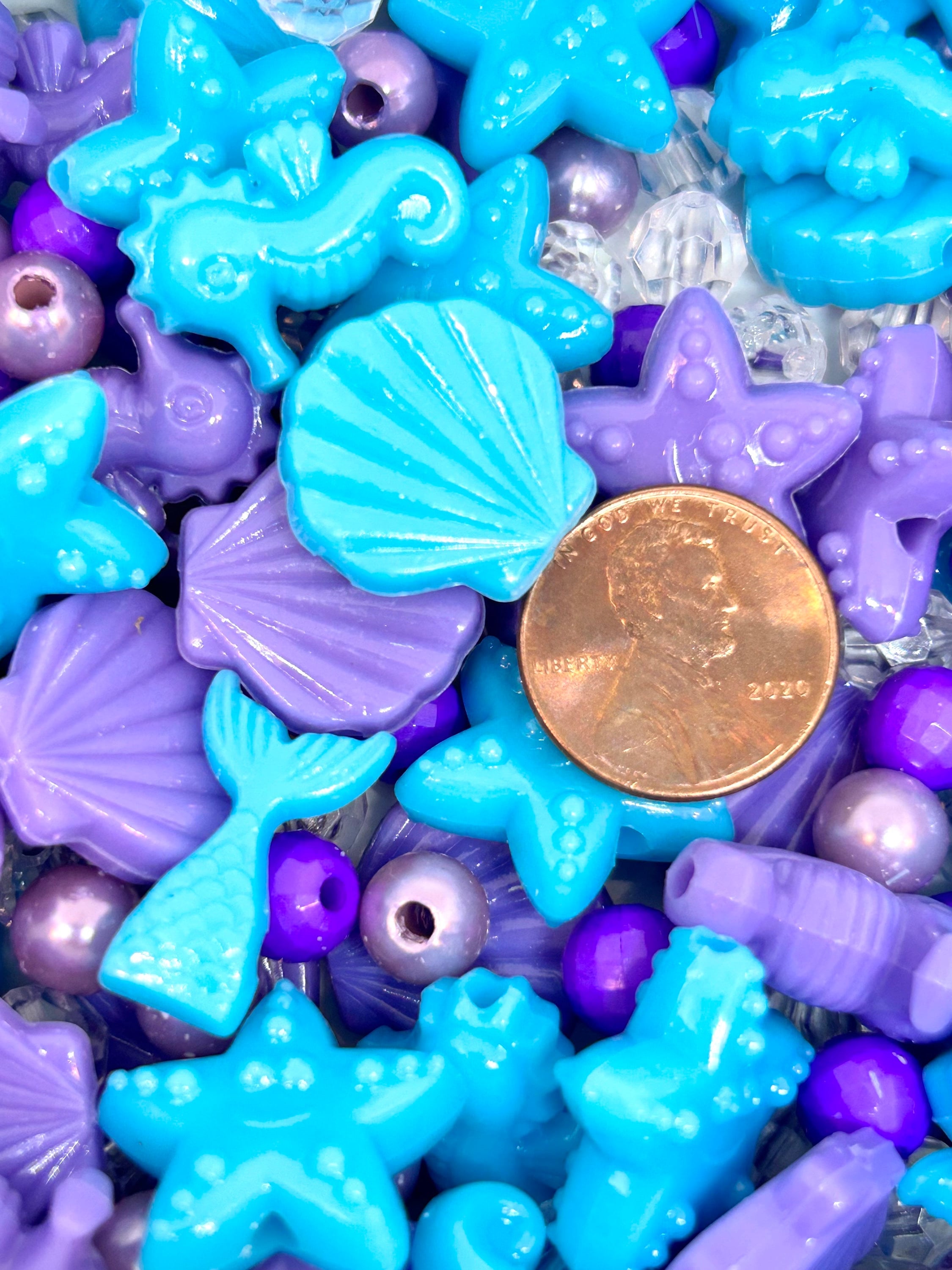 Blue & Purple Mermaid Bead Mix, Shell, Round, Mermaid Tails, Seahorse Beads