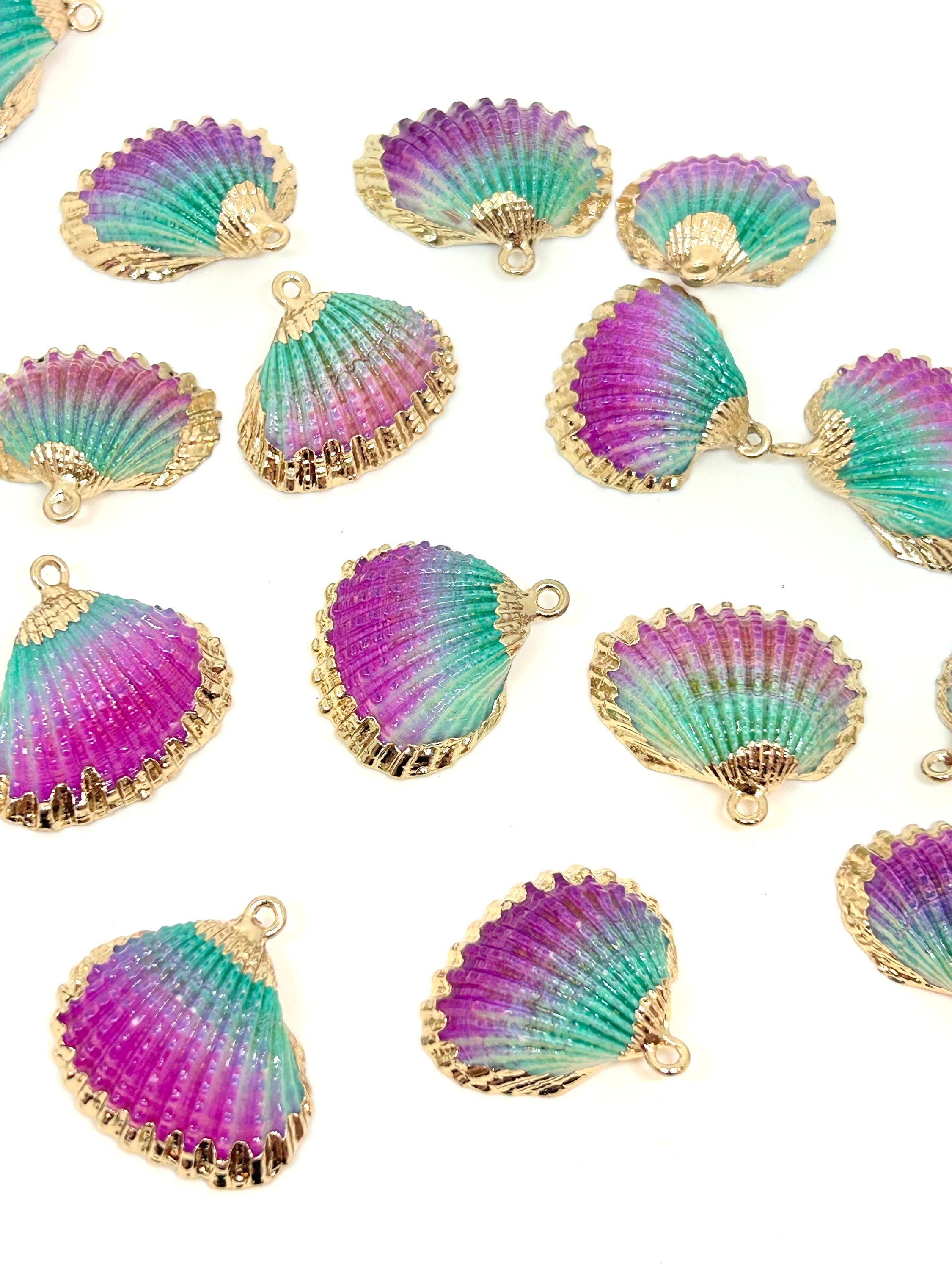 Green & Purple Ombre Mermaid Sea Shell Charms with Gold Accents by Madison Beads - Perfect for Enchanting Jewelry and Craft Projects