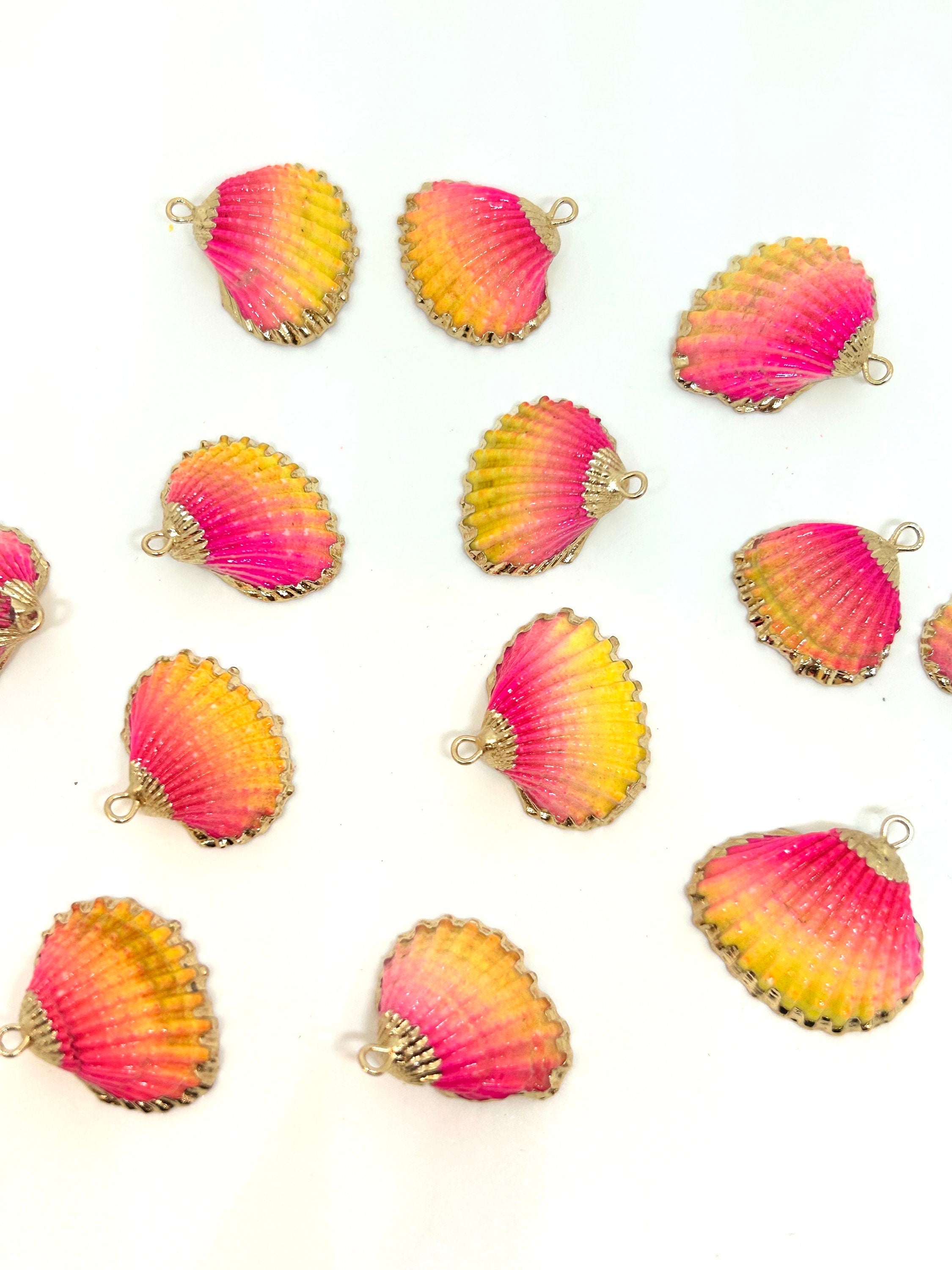 Yellow & Pink Ombre Mermaid Sea Shell Charms with Gold Accents by Madison Beads - Ideal for Vibrant Sunset-Inspired Crafts