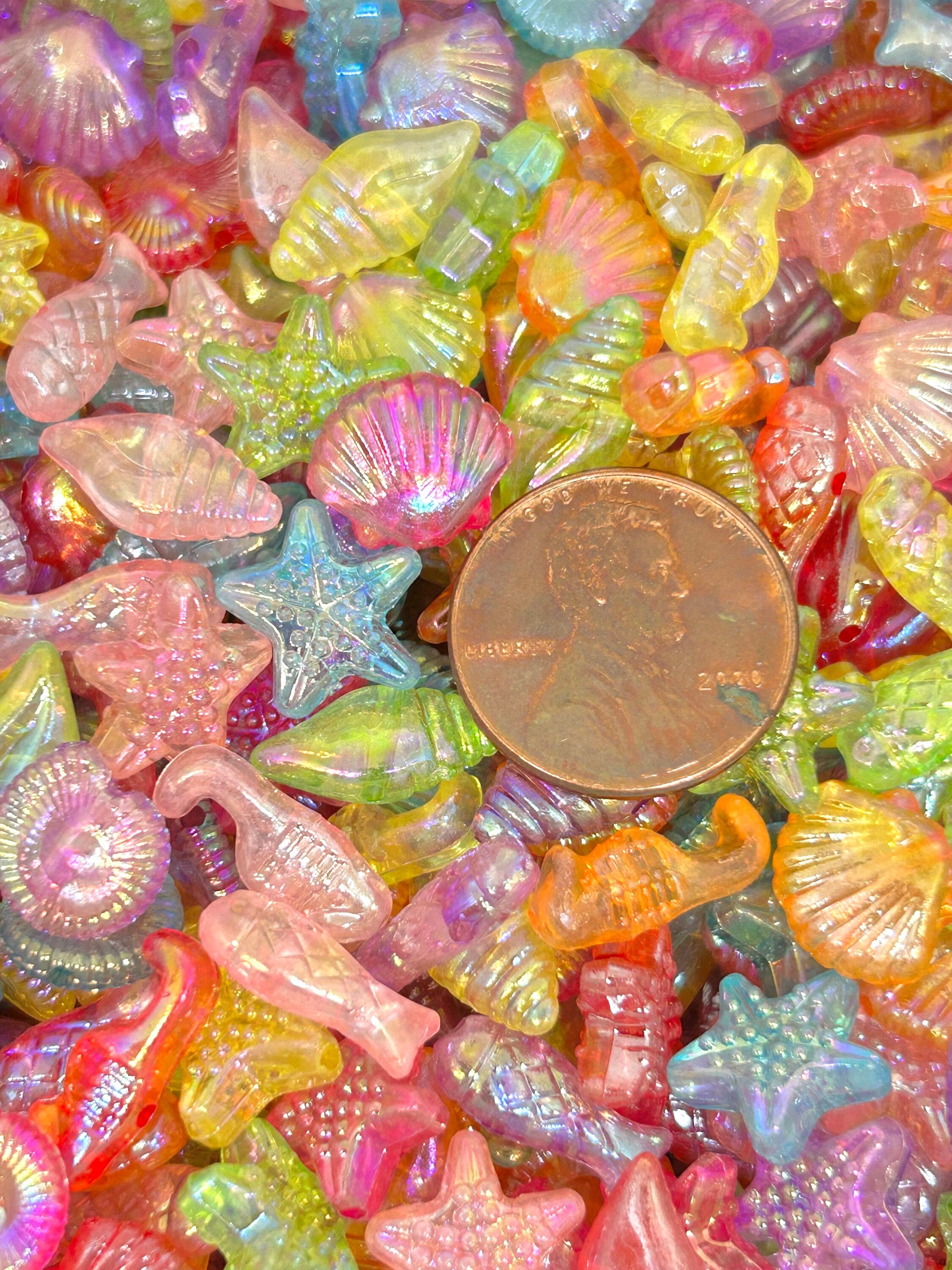 Iridescent Translucent Mermaid Shell and Fish Bead Mix - Ideal for Ocean-Themed Jewelry Designs