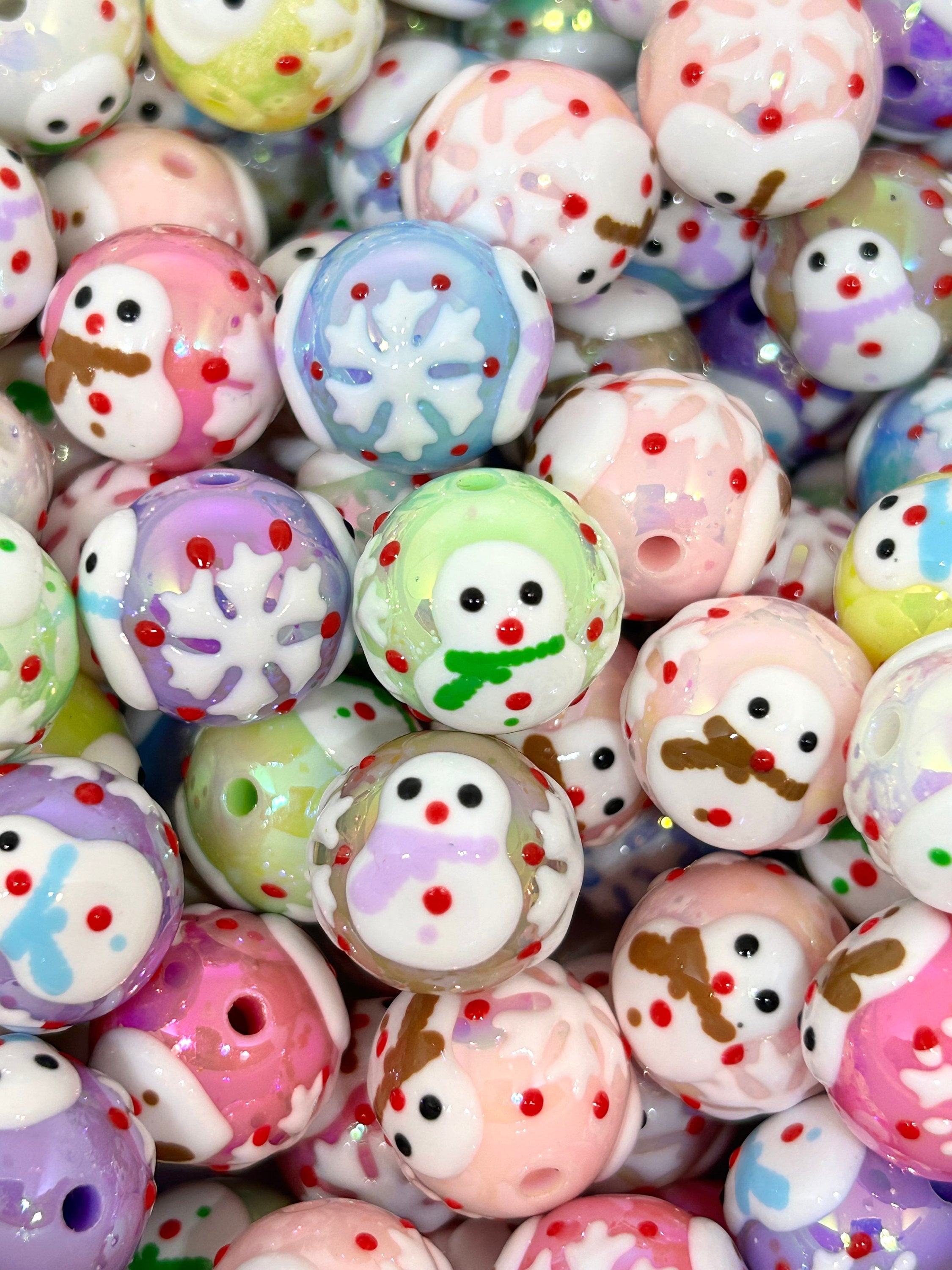 16mm Chunky Handpainted Pastel Christmas Snowman Beads