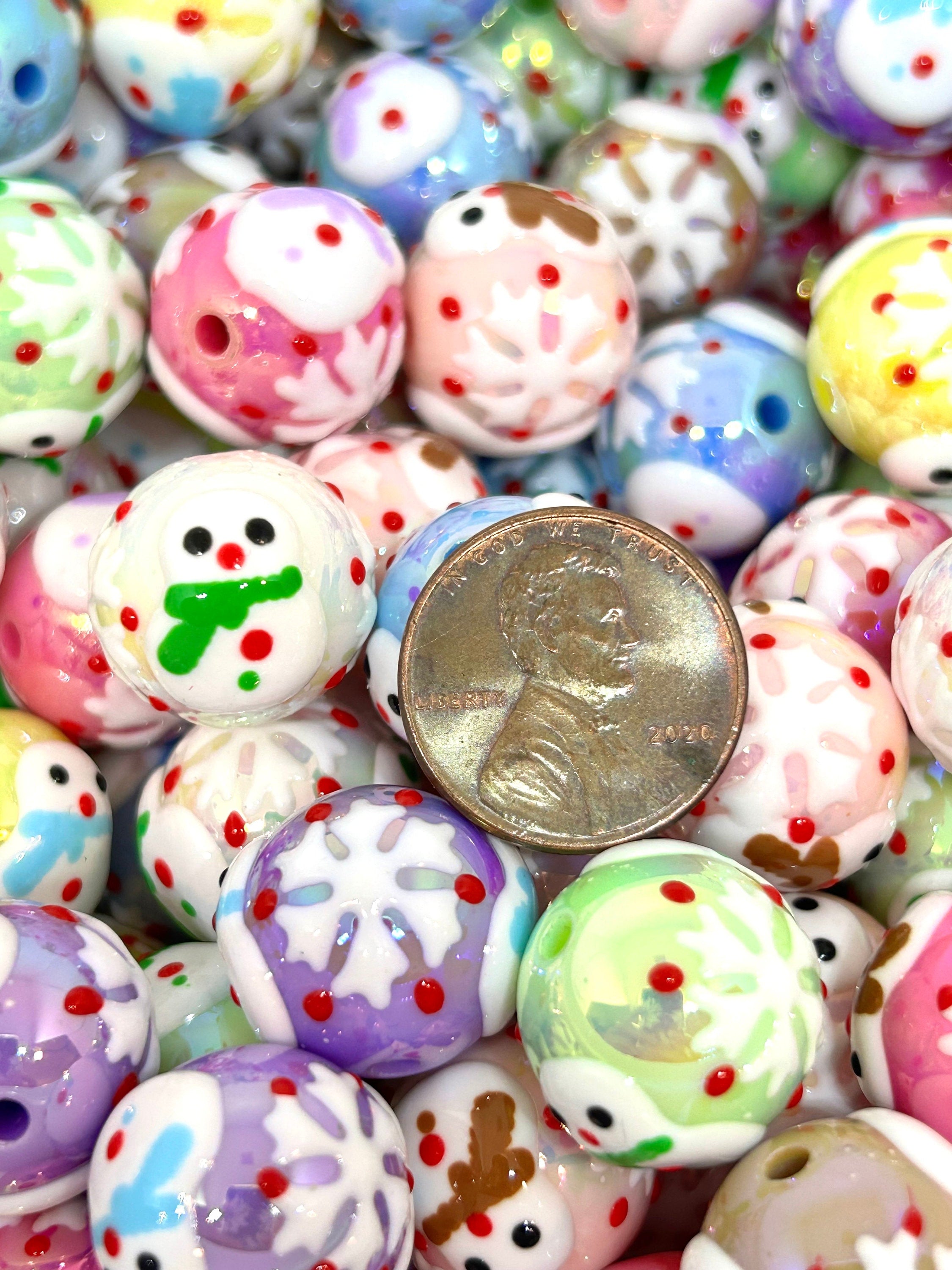 16mm Chunky Handpainted Pastel Christmas Snowman Beads